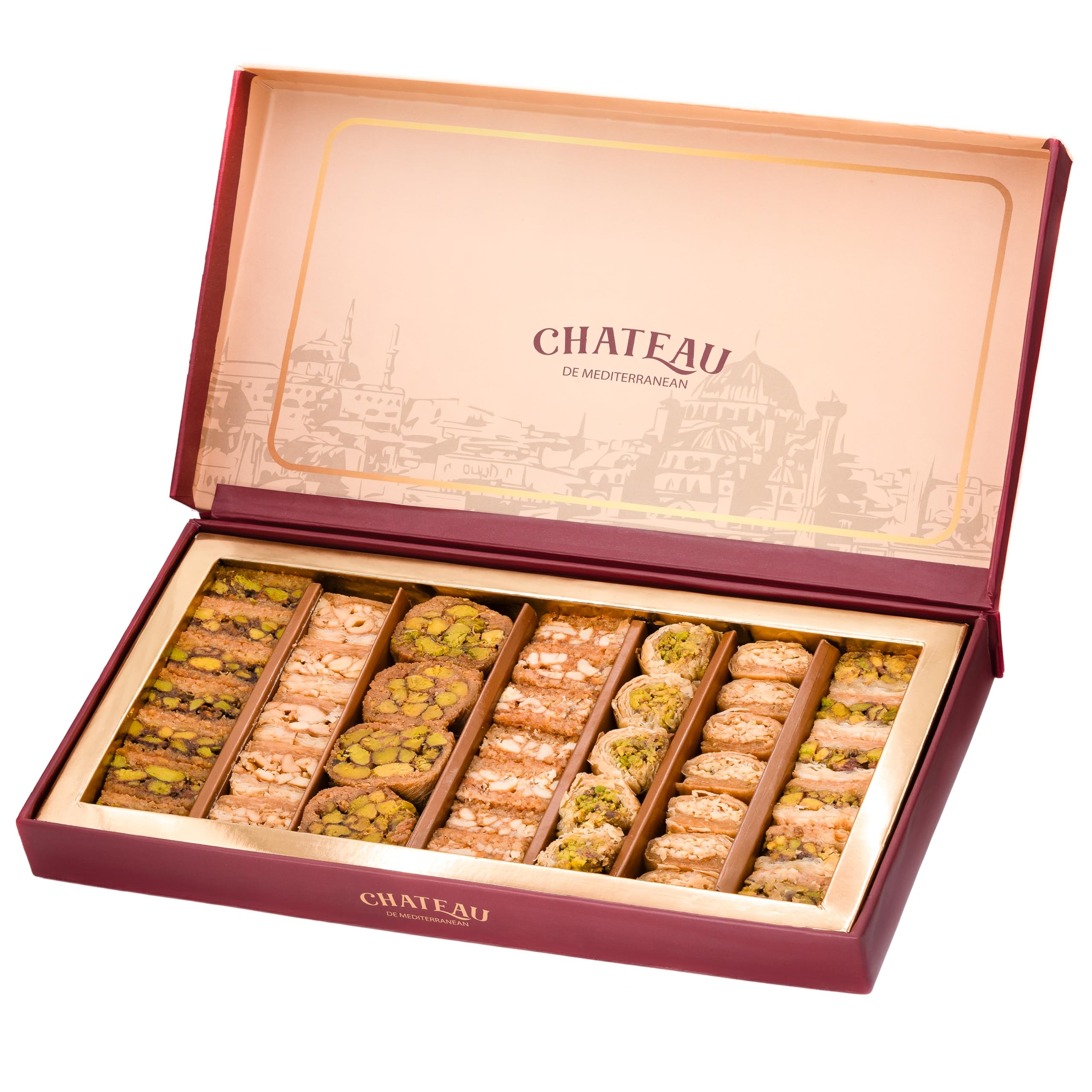 Chateau de Mediterranean Mini Bitesize Baklava Selection - 450g | Contains Approx 40 Pieces | Delicious Filo Pastry Filled with Assorted Nuts | Traditional Recipe | Great to Share at Diwali | Gift Box