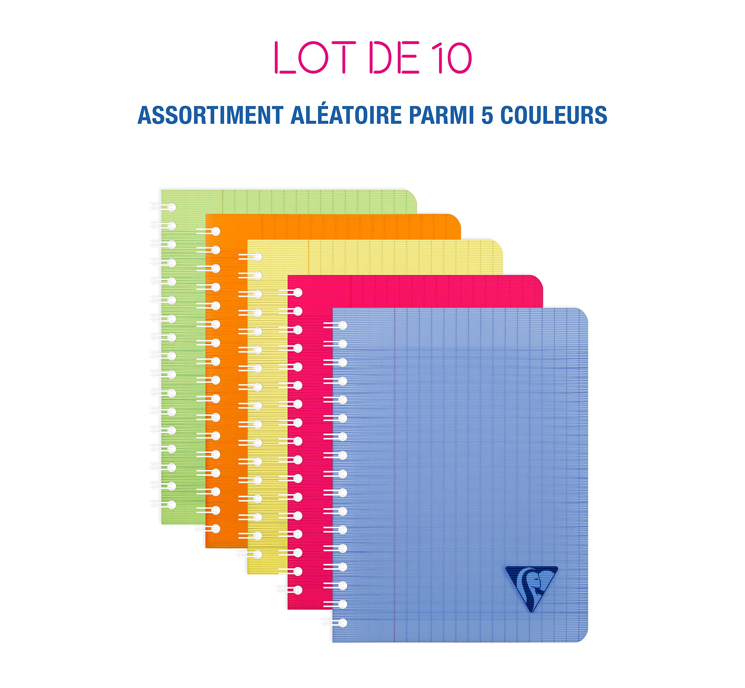 Clairefontaine 328715C Collection Linicolor Fresh Lot de 10 Cahiers à Spirale - 17x22 cm - 100 Pages Grands Carreaux - Papier Blanc 90 g - Couverture Polypro Transparent - Couleurs Aléatoires
