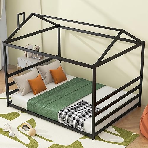 Miniatura 15 de SOFTSEA Cama de casa tamaño individual para niños, marco de cama de piso para niños pequeños, marco de cama de madera para niños y niñas, no