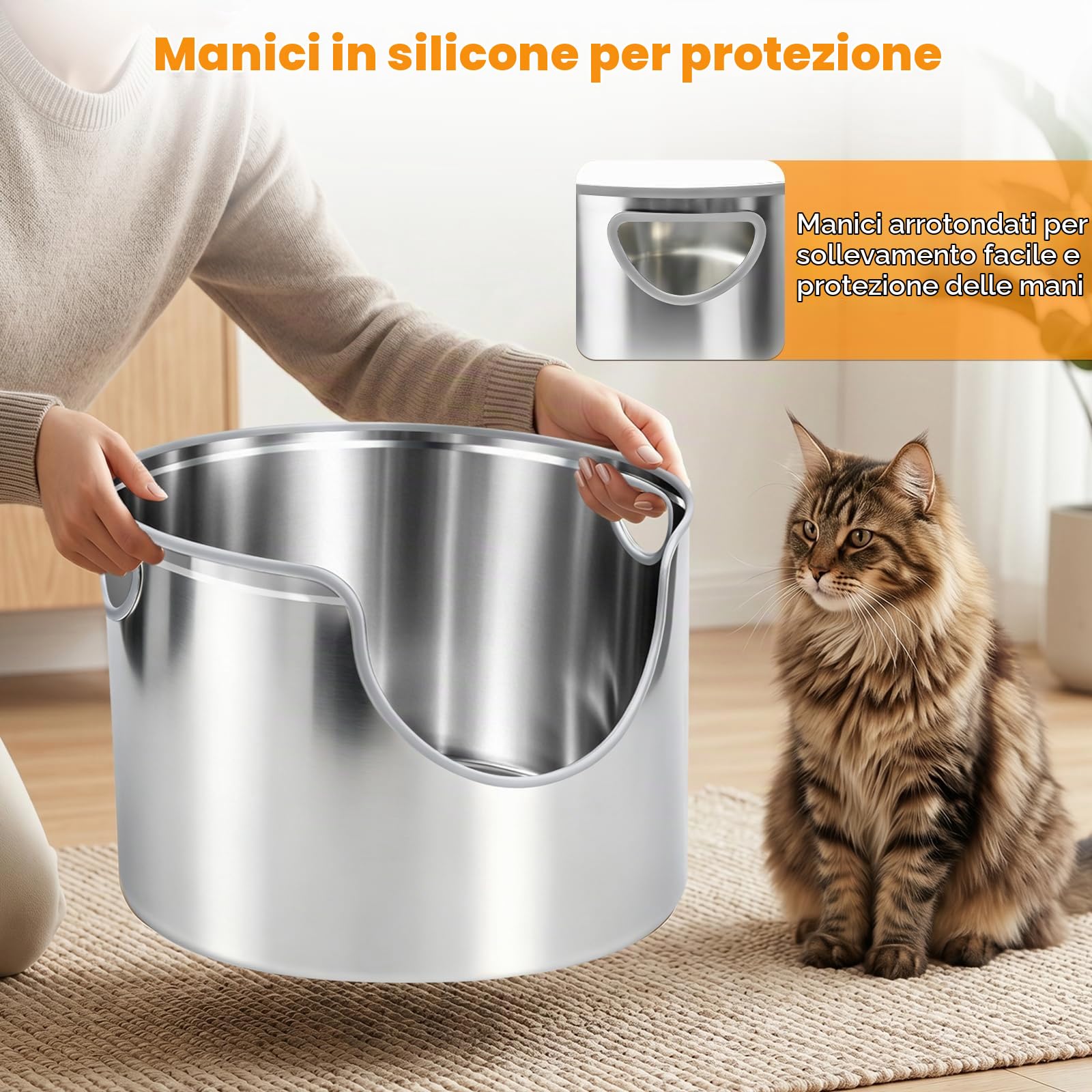 Homegroove Lettiera rotonda in acciaio inossidabile, 45 x 30,5 cm, con bordi alti, in metallo, per gatti di grandi dimensioni, anti-perdite e facile da pulire, con paletta in metallo (acciaio
