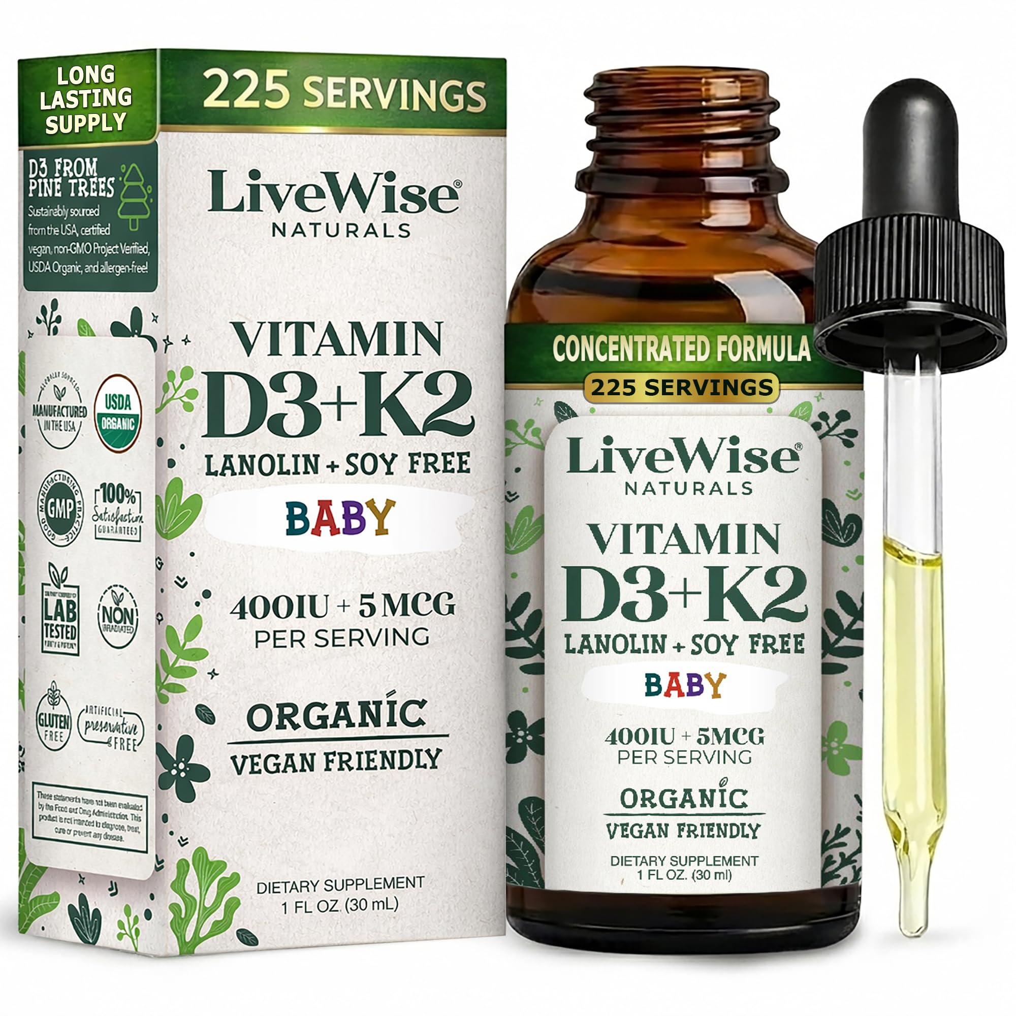 Vitamin D3+K2 Liquid Drops - Organic MCT Oil Formula for Baby - Easy Absorption D3 K2 Supplement for Immune Support & Bone Health 1- Fl Oz