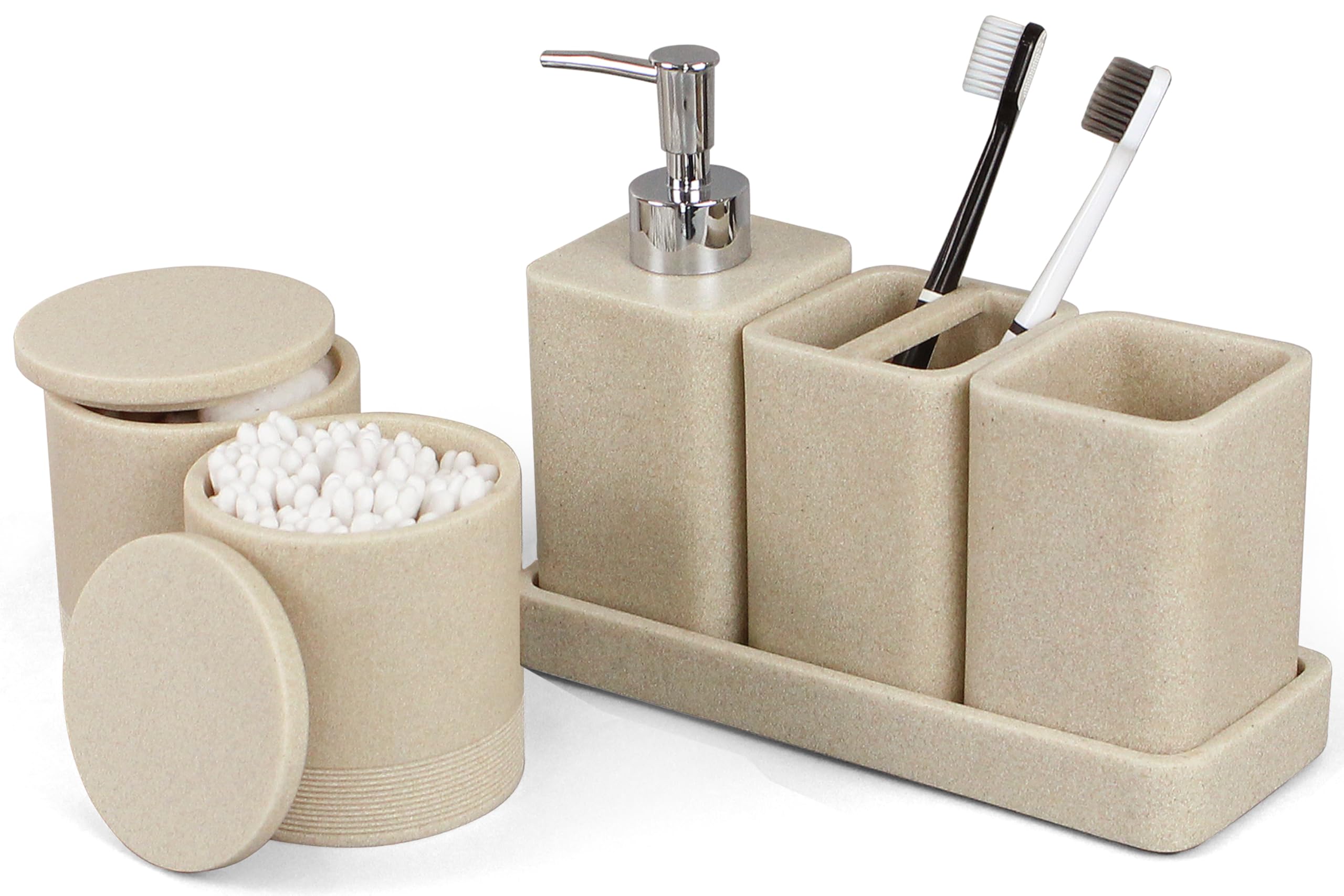 YMXYJM Juego de accesorios de baño, juego de 6 piezas con soportes para cepillos de dientes, dispensador de jabón, bandeja de tocador, vaso, tarros de hisopo de algodón, organizador de baño, juegos de