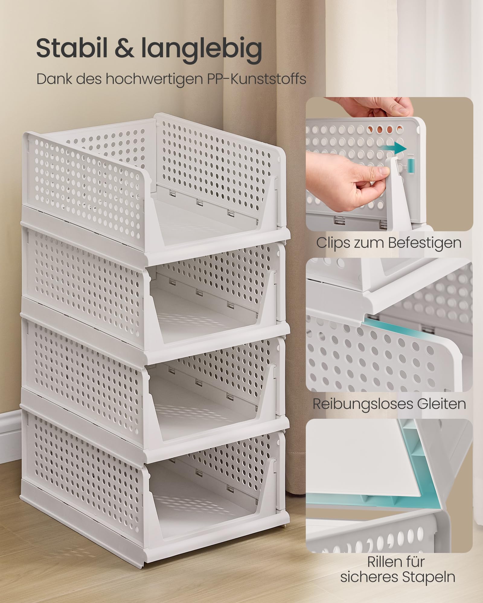 SONGMICS Schrank-Organizer 8er Set, klappbar, stapelbar, ausziehbarer Korb | Kleiderschrank-Organizer, Kunststoff, Aufbewahrung und Organisation, weiß, DENNYS Kollektion LPC800WZ01
