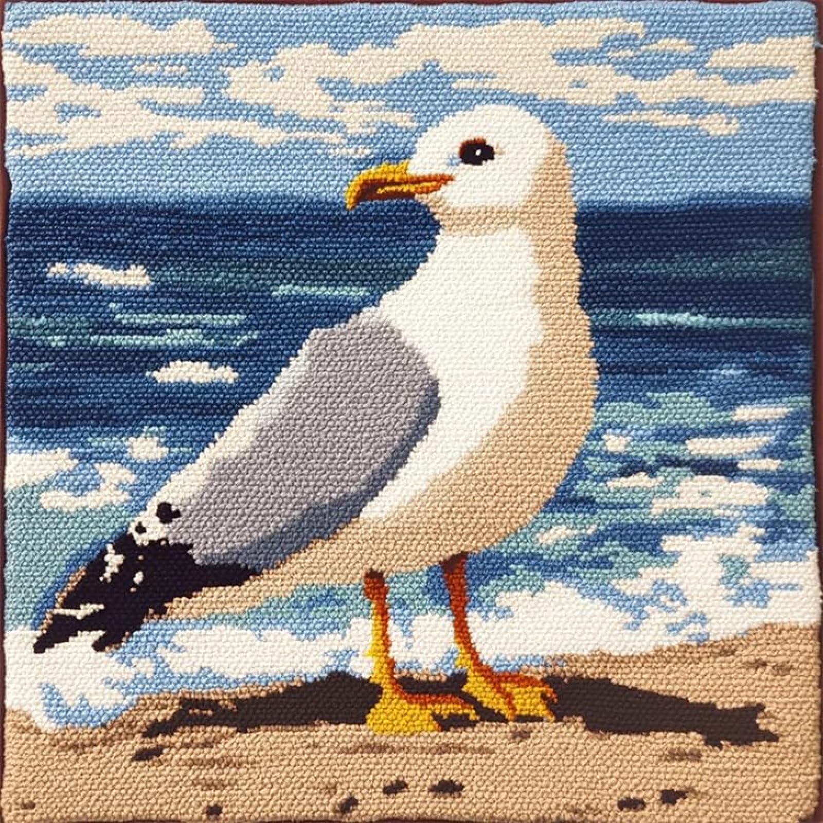ANSIWEIGO Animal Latch Hook Cushion Kit,Seagulls on The Beach,DIY Pillowcase for Kids Adults,Printed Canvas for Beginners,Cross Stitch Embroidery Kits,43x43cm/17x17inch
