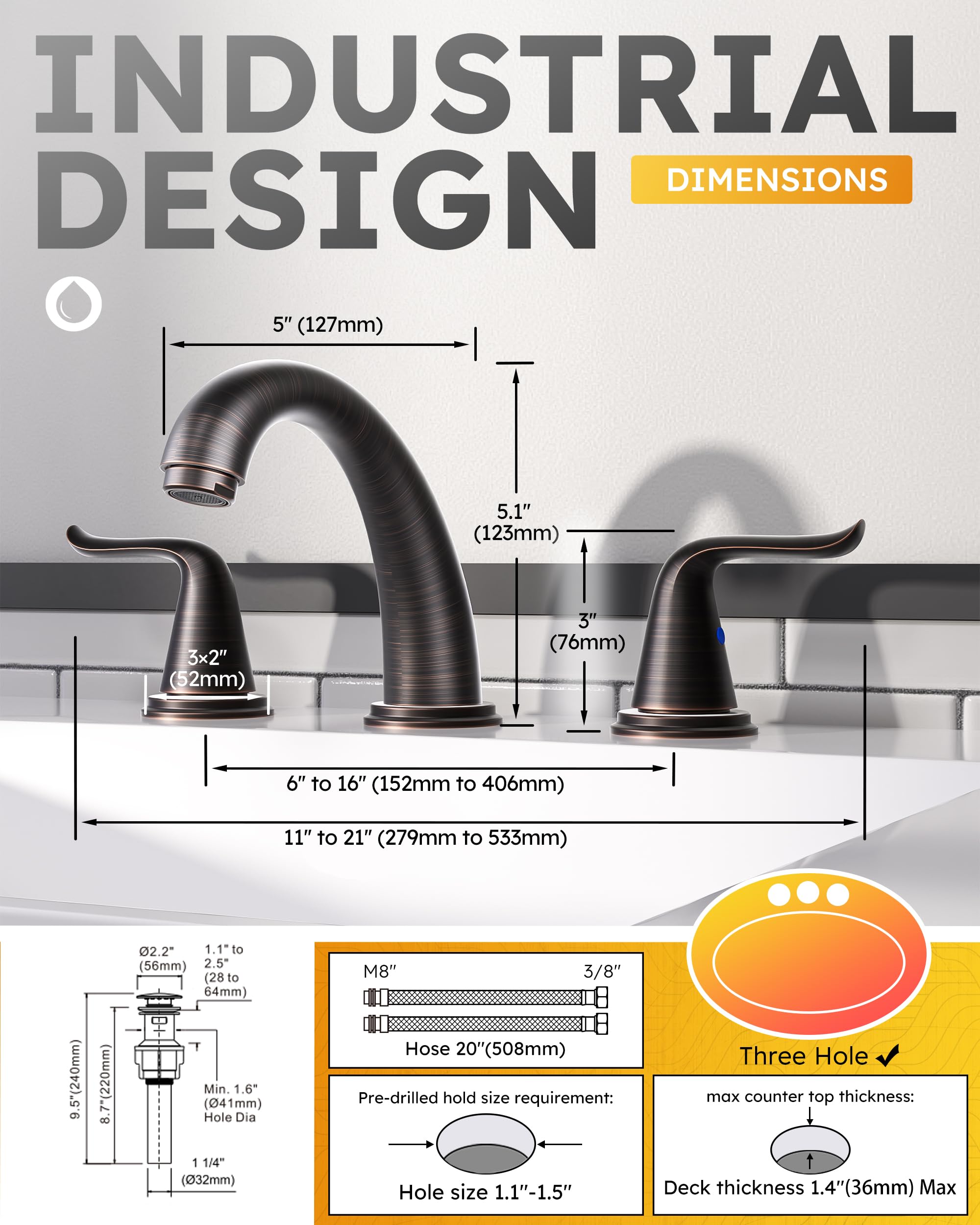 WOWOW Widespread Bathroom Faucet Oiled Rubbed Bronze Bathroom Sink Faucet 3 Hole Vanity Faucets 2 Handle Basin Faucet — view 7