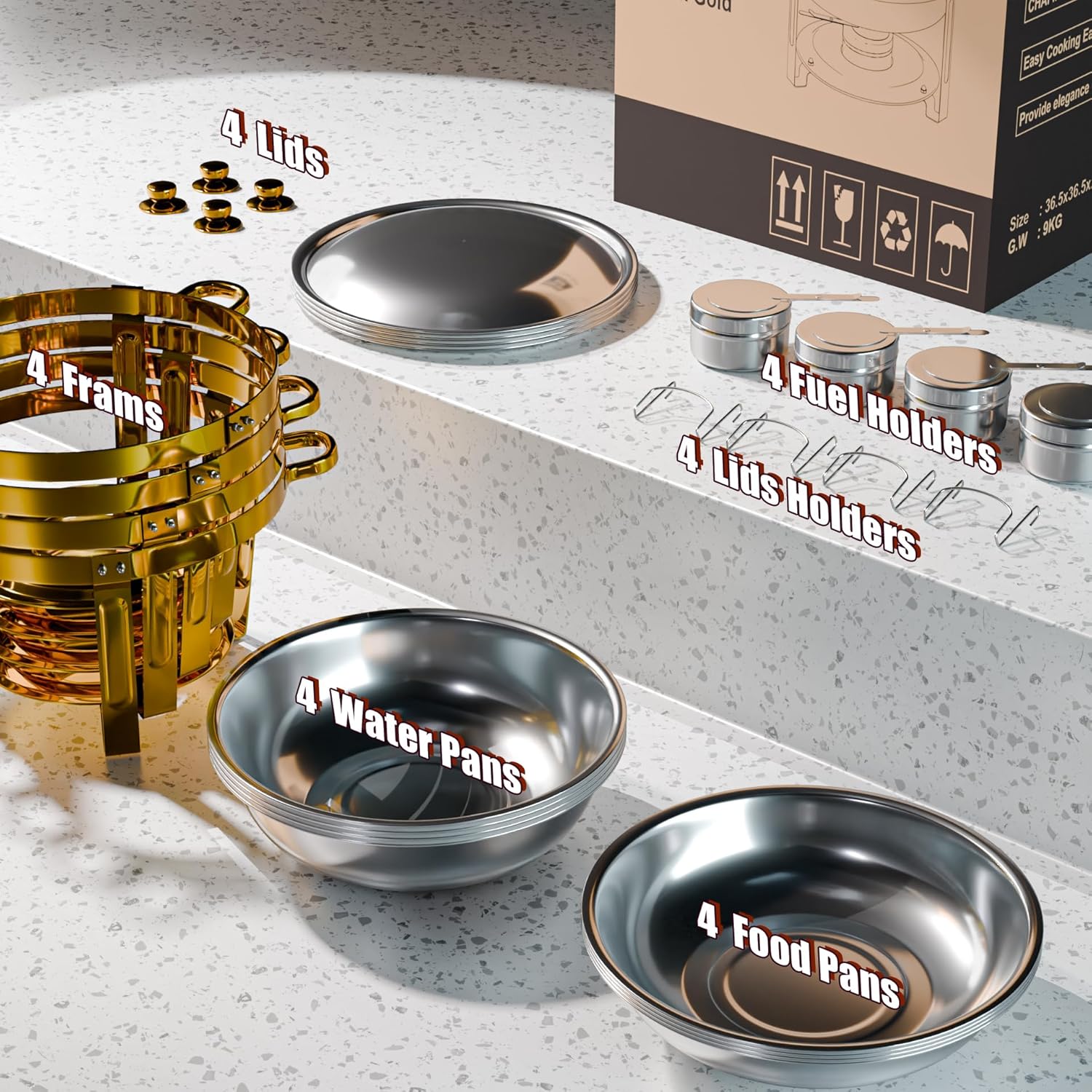 Amhier Chafing Dishes for Buffet 4 Pack, 5Qt Round Stainless Steel Chafing Dishes [Elegant and Smooth] Stainless Steel Chafing Dish Buffet Set for Weddings, Parties and Catering, Gold