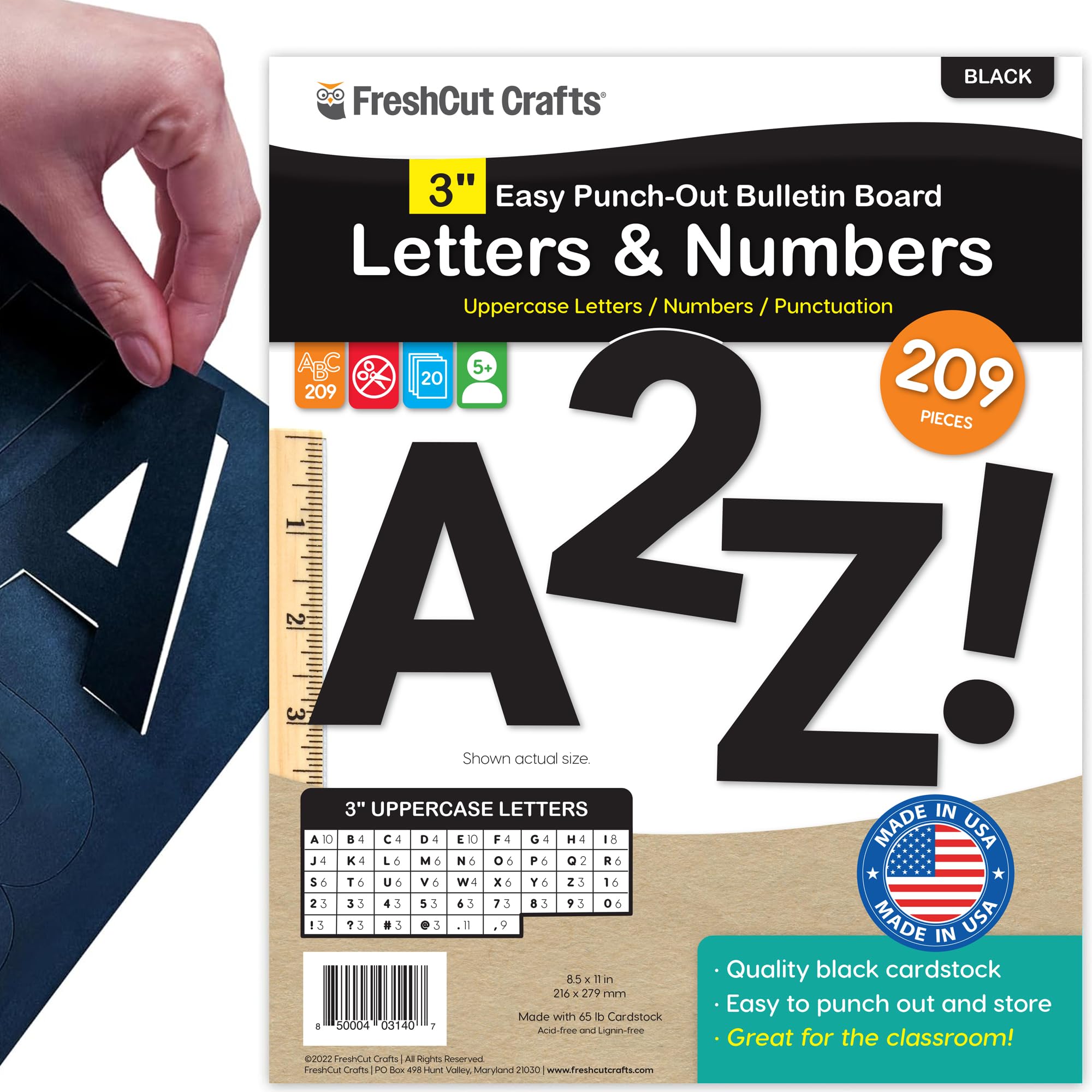 Bulletin Board Letters & Numbers, Black 3 in. Capital Alphabet Letters, Numbers, Punctuation, US Made Card Stock Punch Out Letters for Posters, Bulletin Boards, Classroom (209 pc)