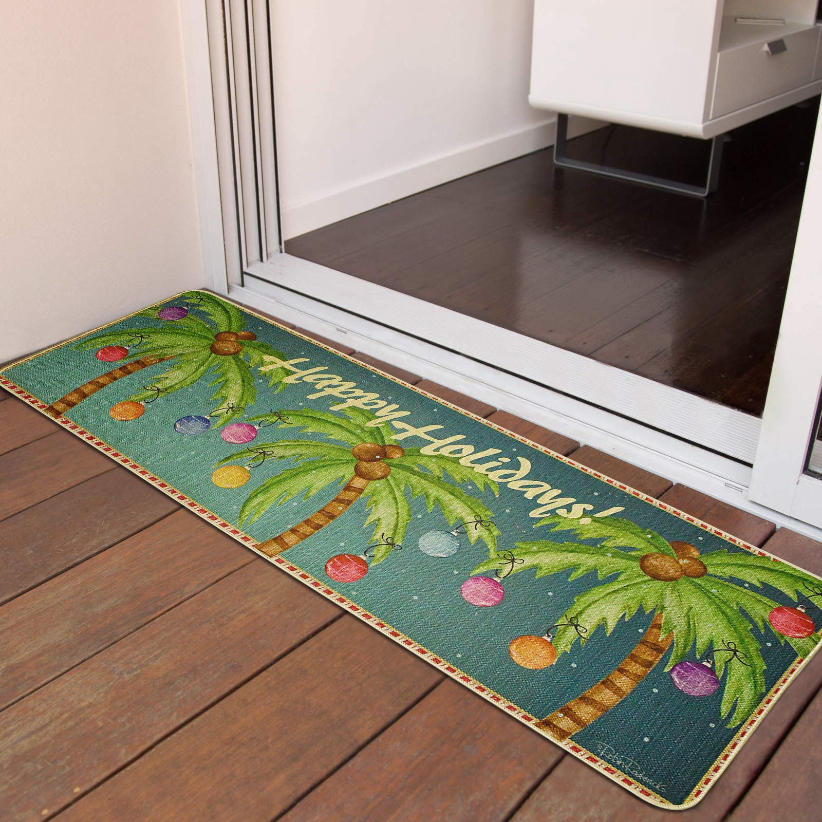 Christmas Decorative Door Mats Tropical Palm Trees Pattern Holiday Welcome Mats for Front Door Non Slip Rubber Christmas Doormat 47x17.75 Low- Profile Entryway Mat for Xmas Holiday