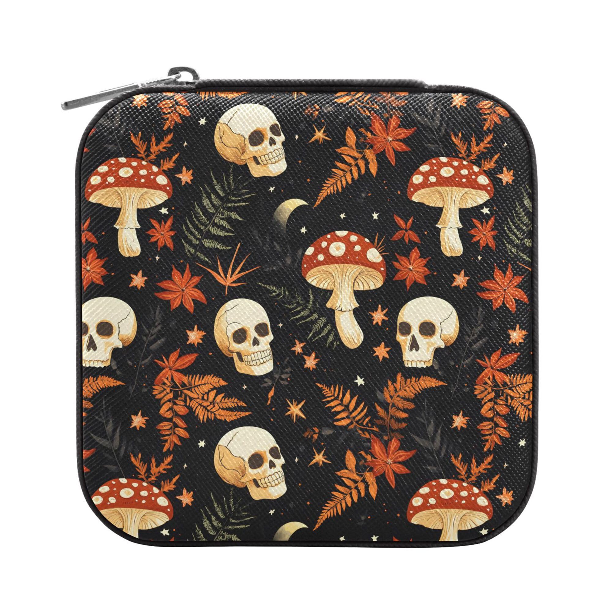 MNSRUU Small Jewelry Box Storage and Organizer Mushrooms Skull Mini Travel Jewelry Case Portable Earring Ring Organizer Boxes for Women Girls, Black