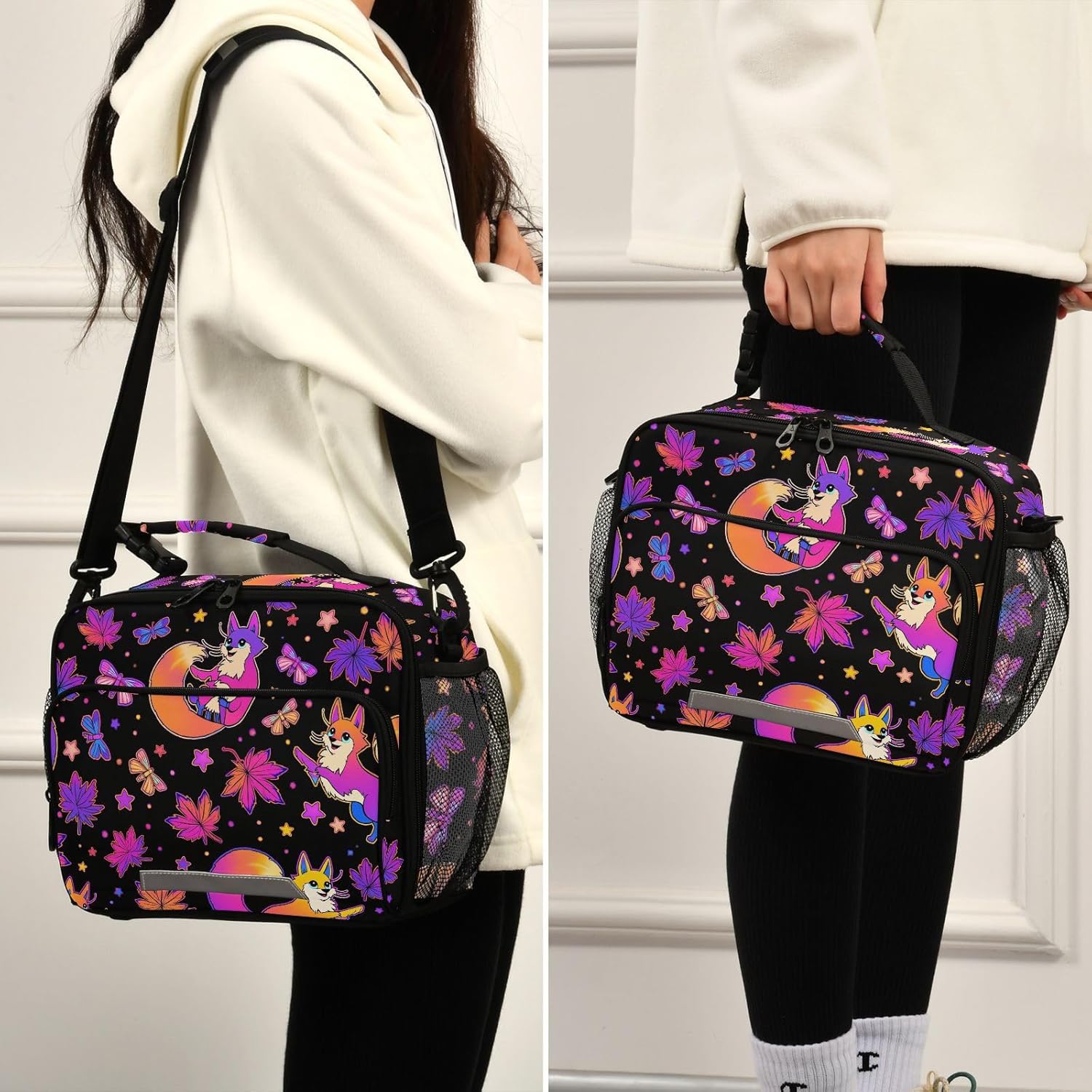 Psychedelic Fox Cat Lunch Box for Girls Purple Insulated Lunch Bag Kids Boys Cooler Tote Shoulder Strap Reusable School Travel Picnic