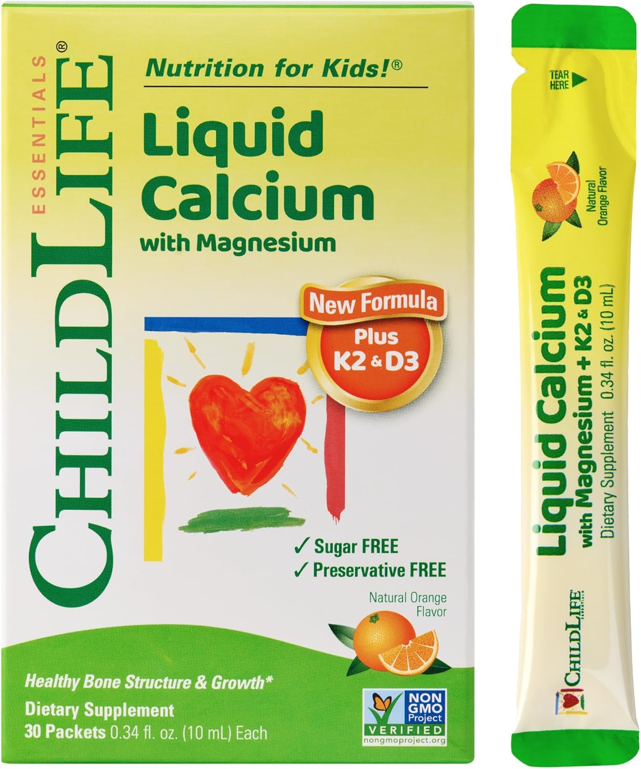 ChildLife Essentials Liquid Calcium Supplement for Kids Single Serve - Baby Calcium with Magnesium, Vitamin D3, & K2 for Bone Support, On The Go Nutrition - Orange Flavor, 0.34 fl oz (30 Stick Packs)