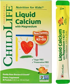 ChildLife Essentials Liquid Calcium Supplement for Kids Single Serve - Baby Calcium with Magnesium, Vitamin D 3, K 2, Zinc for Bone Support & Nutrition - Orange Flavor, 0.34 fl oz 30 Stick Packs