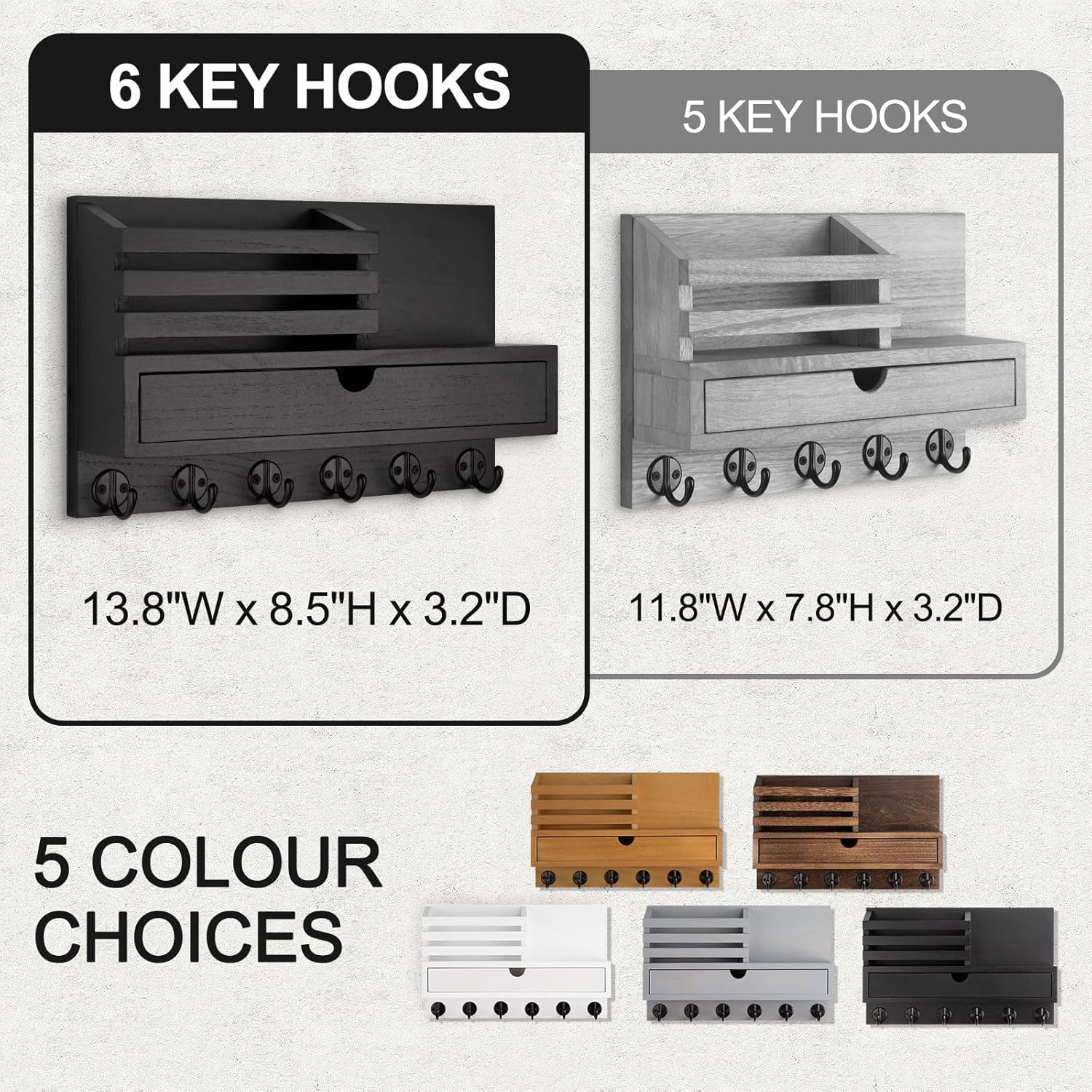 Key Holder Wall Mount, Mail Holder with Storage Drawer and 6 Key Hooks for Coat, Dog Leash, Home Decor Rack, House Accessories, Entry Way Organizer
