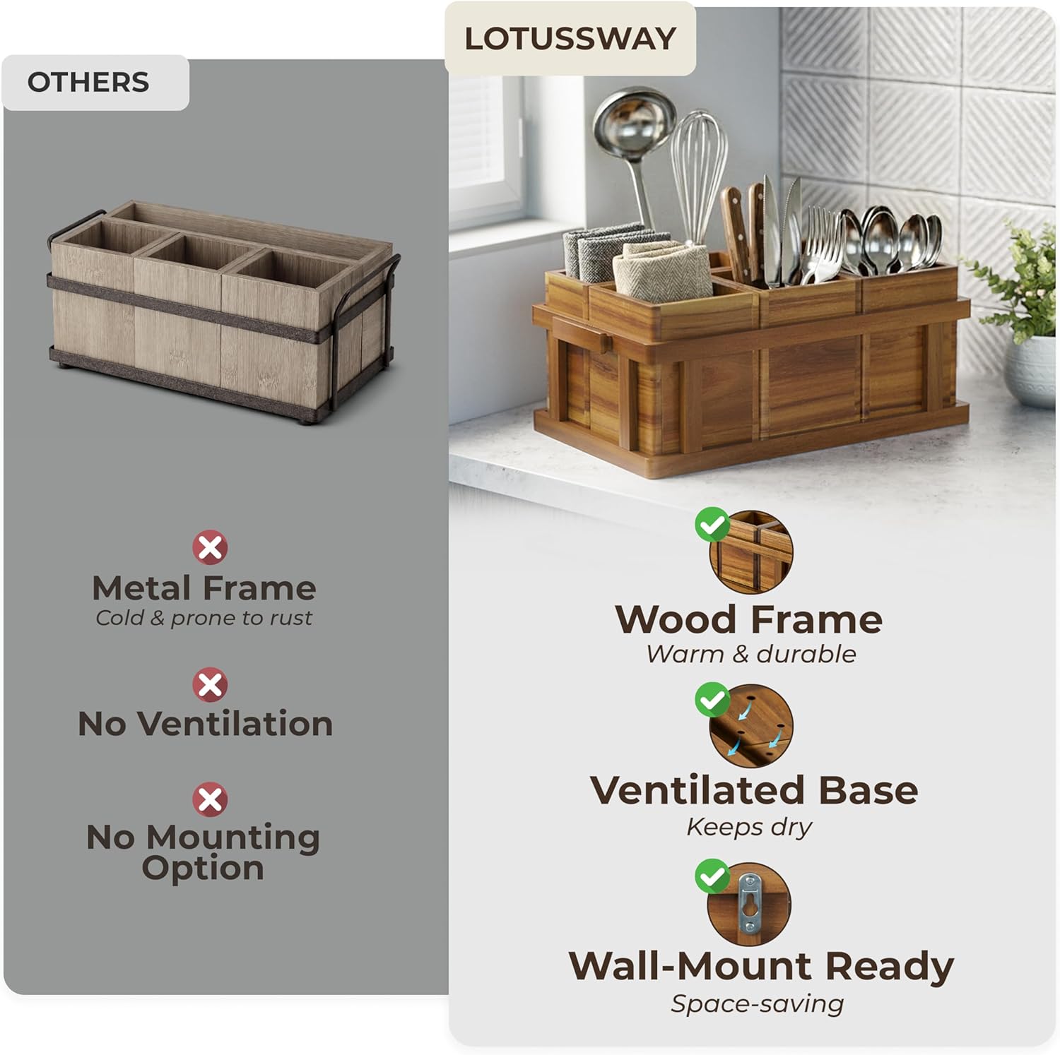 Acacia Wood Utensil Caddy for Parties, Silverware Caddy,with Paper Plate Dispenser, 4-Compartment Cutlery Flatware Organizer for Spoons, Forks, Napkins - Natural Wood Finish