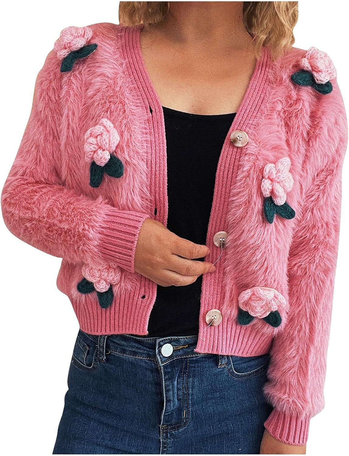 Cropped Cardigan Sweaters for Women Fluffy Fuzzy Plush Crop Jacket Coats Evening Party Y2k 3D Flower Knit Cardigan