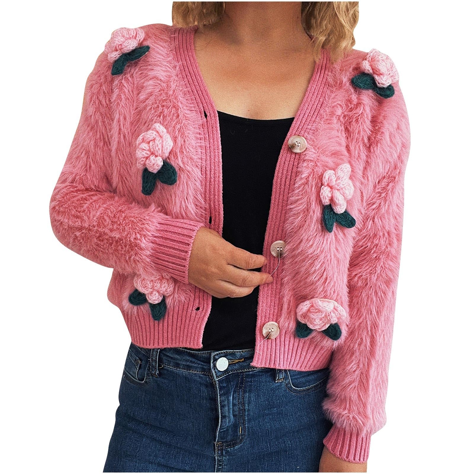 Cardigan Donna Morbido Floreale Scollo a V Maglione Tinta Unita Comodo | Vestibilità ampia e confortevole, design adatto a diverse silhouette, libertà di movimento, ideale per un look rilassato