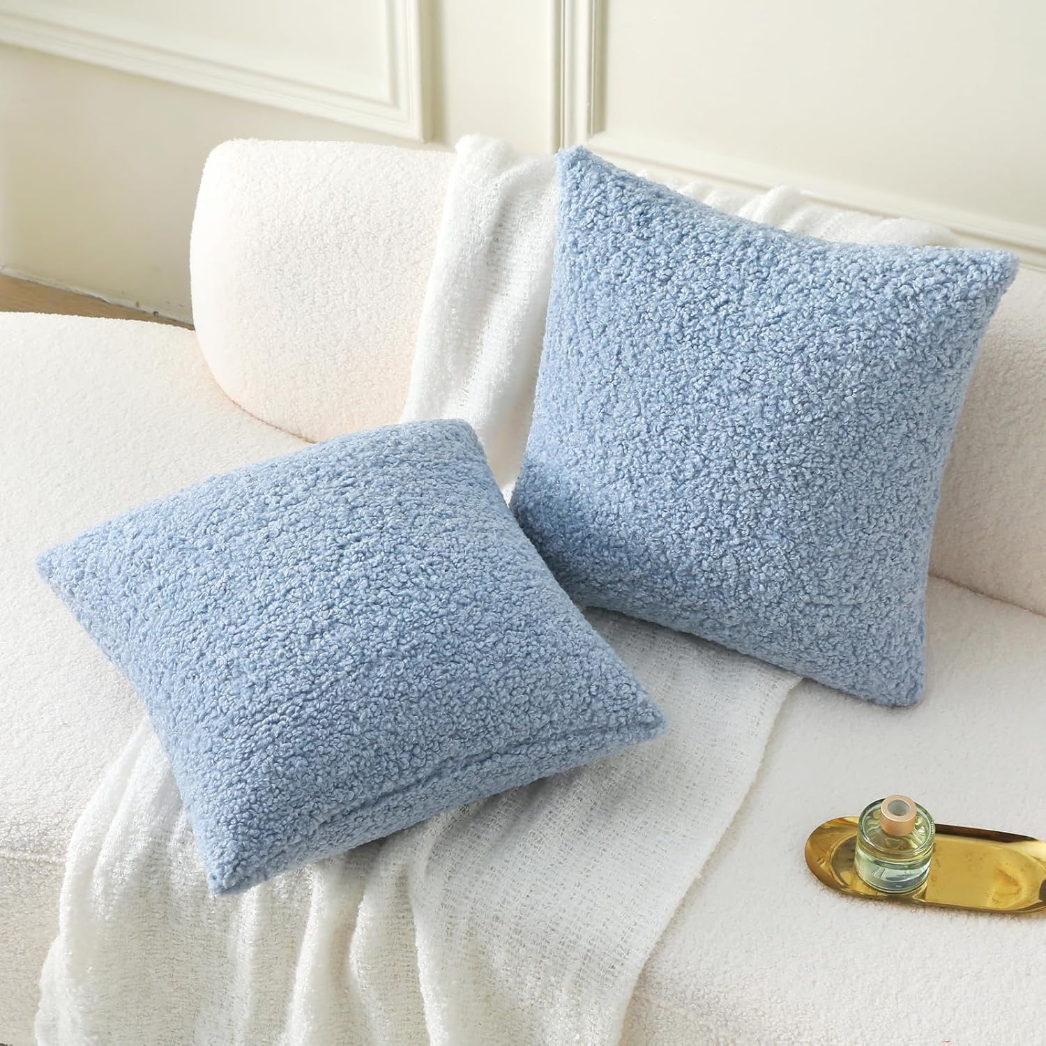 FUTEI Light Blue Throw Pillow Covers 18x18 Inch Set of 2,Furry Faux Fur Teddy Boucle Textured Cushion Covers,Soft Fluffy Decorative Pillow Case,Home Decor for Couch Bed Living Room Office Car - Image 5