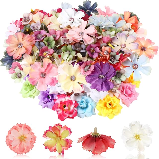 100 Pcs Faux Flower Heads Artificial Craft Flowers Small Rose Daisy Peony Fabric Flowers Mini Flowers DIY Flower Decoration Artificial Daisy Craft for Wedding Home Garland, 4.5 cm, 2 cm (Vivid Style)
