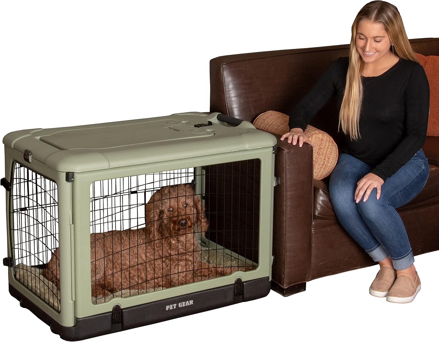 Pet Gear “The Other Door” 4 Door Steel Crate for Dogs/Cats with Garage-Style Door, Includes Plush Bed + Travel Bag, No Tools Required, 3 Models, 3 Colors Sage 2023 36 Inch