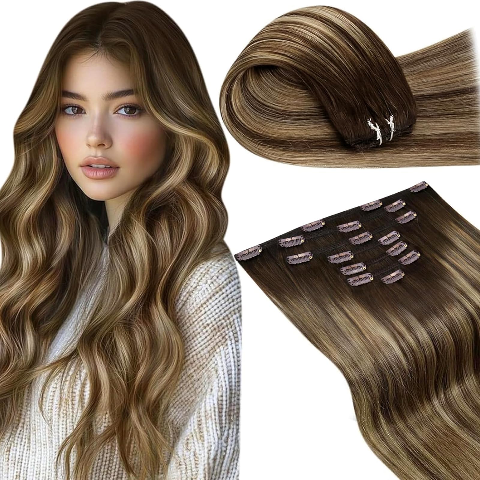 LaaVoo Clip in Hair Extensions Real Human Hair Dark Barown Hair Extensions Clip in 20 Inch 150g 7pcs Full Head Straight Balayage Mix Blonde Remy Hair Double Weft #4/27/4