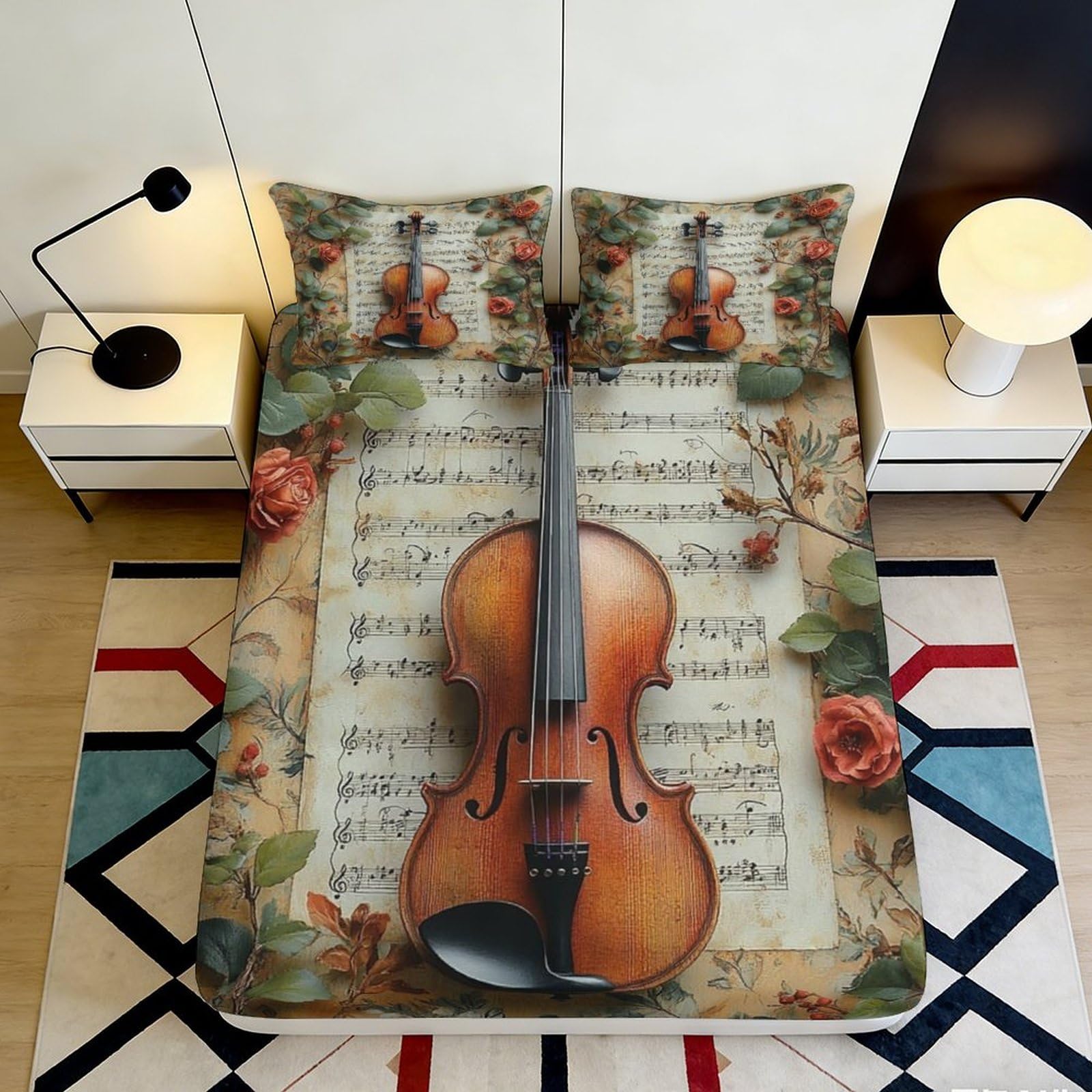 3D Printed Vintage Violin Fitted Sheet Microfiber Soft Breathable Floral Music Mattress Cover for Bedroom Dorm Dormitory Guest Room Protection Decor 120x200x25cm