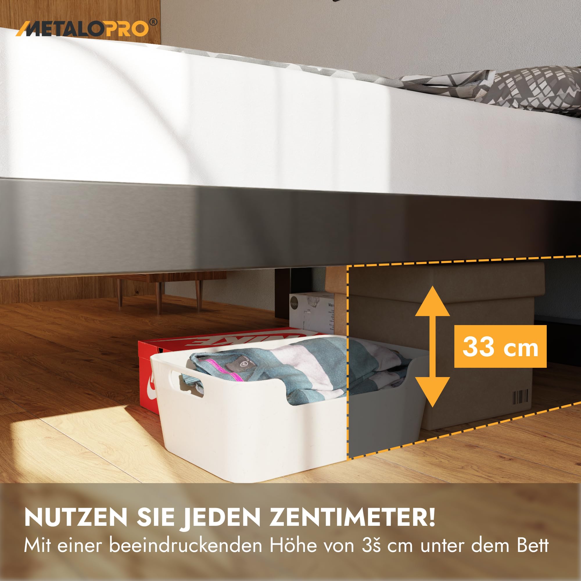 Massives Bettgestell – Metall Bettrahmen bis 1000 kg belastbar, Robuster Metallrost ohne Quietschen, Viel Stauraum, Schnelle Montage <15 Min, Modernes Design - 140x200 cm