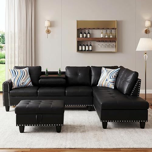 Faux Leather Sectional Couches for Living Room - L Shaped Black | 97.5"L x 69.5"W, Cup Holder/Movable Chaise/Storage Ottoman, Home Modular Sofas , Living Room Furniture Sets, Modern Apartment