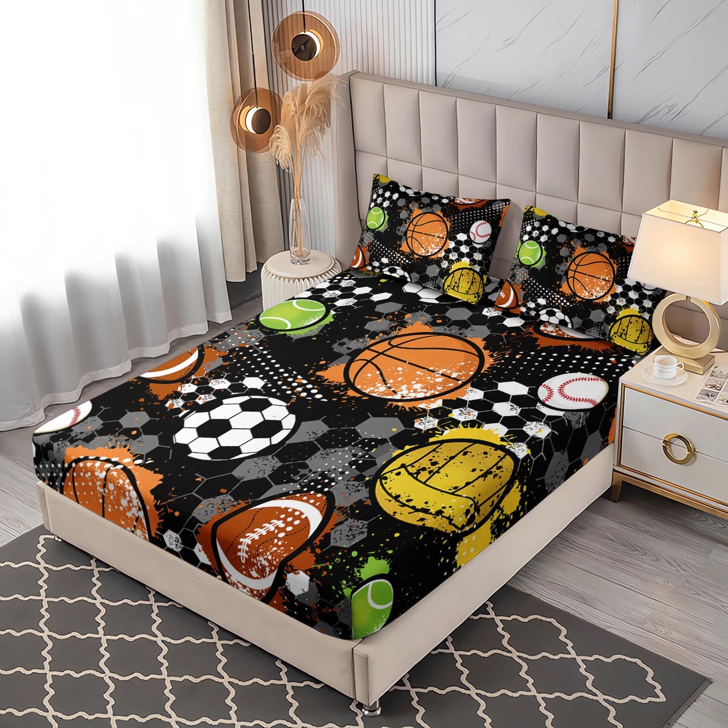 Kids Sports Balls Bedding Twin Bed Set - Tie-Dyed Football Basketball Baseball Print Fitted Sheet Set for Boys Room Decor - Sports Themed Bedding - 1 Fitted Sheet + 2 Pillowcases