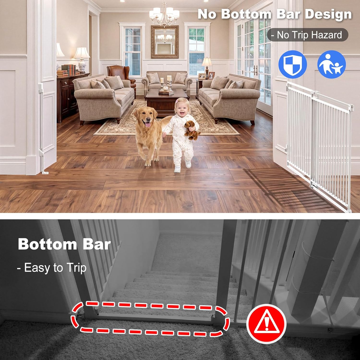 Betertek 45-80" Extra Wide Baby Gate for Large Openings-No Bottom Bar&Extra Wide Walk Thru Door, Heavy Duty Chew&Impact Resistant Safety Dog Gate, Hardware Mount (Drill Required) Indoor Pet Gate