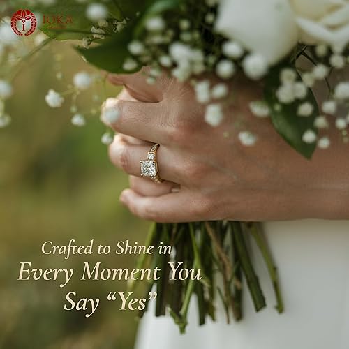 Miniatura 3 de Ioka - Anillo de compromiso de circonita cúbica de talla princesa de 3 piedras de oro macizo de 14 quilates de 1,5 quilates para mujer Anillo de