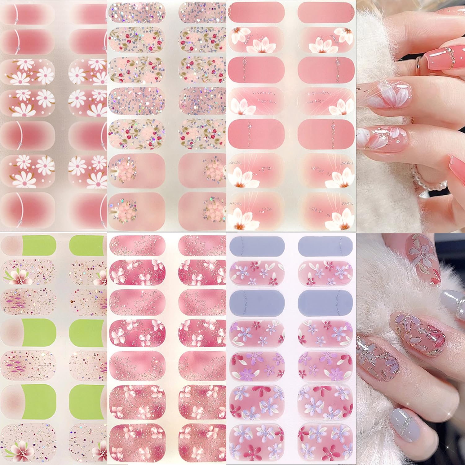 LRKNNO 6 Sheets Flower Gel Nail Stickers Full Nail Wraps Self-Adhesive Spring...