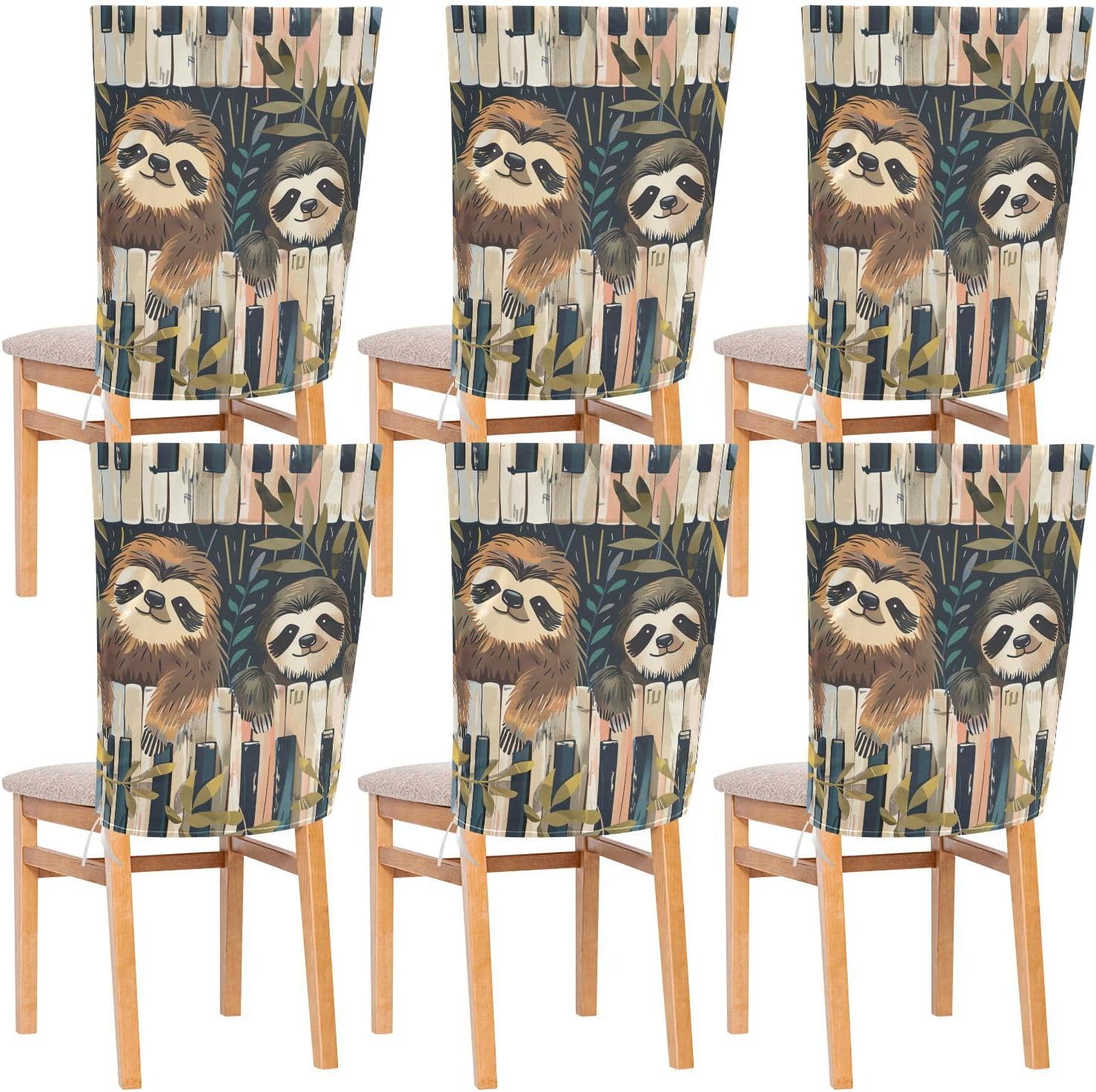 ALAZA Sloth Piano Keys Chair Back Cover Set of 6, Washable Reusable Removable Chair Slipcovers Decorative Chair Cover for Home Kitchen Wedding Party