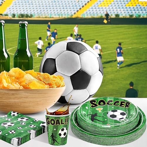 Miniatura 4 de 240 piezas de suministros de fútbol para fiesta de fútbol, servilletas desechables, platos de papel y vasos de papel, suministros de decoración