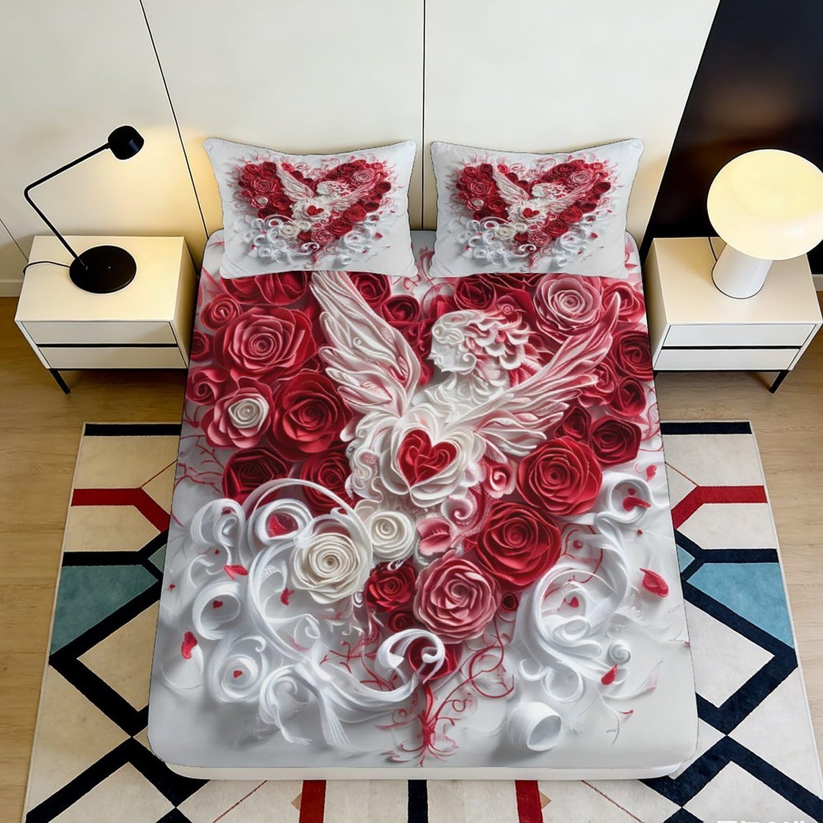3D Printed Angel Rose Fitted Sheet Microfiber Deep Pocket Non-Slip Bedroom Bedding Angel Rose Mattress Fitted Cover Washable Protection 180x200x25cm