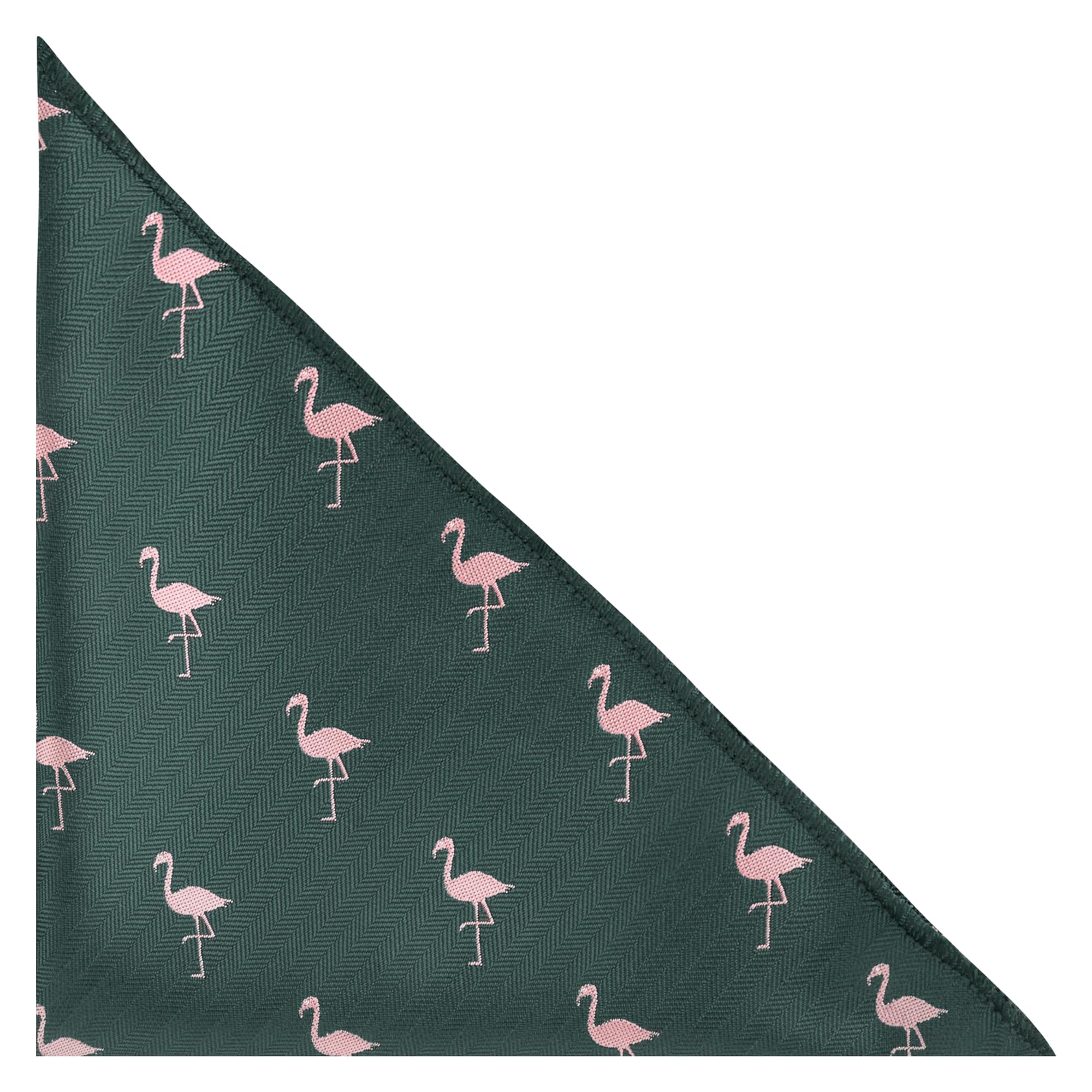 King & Priory Flamingo Dark Green Herringbone Embroidered Pocket Square, Handkerchief