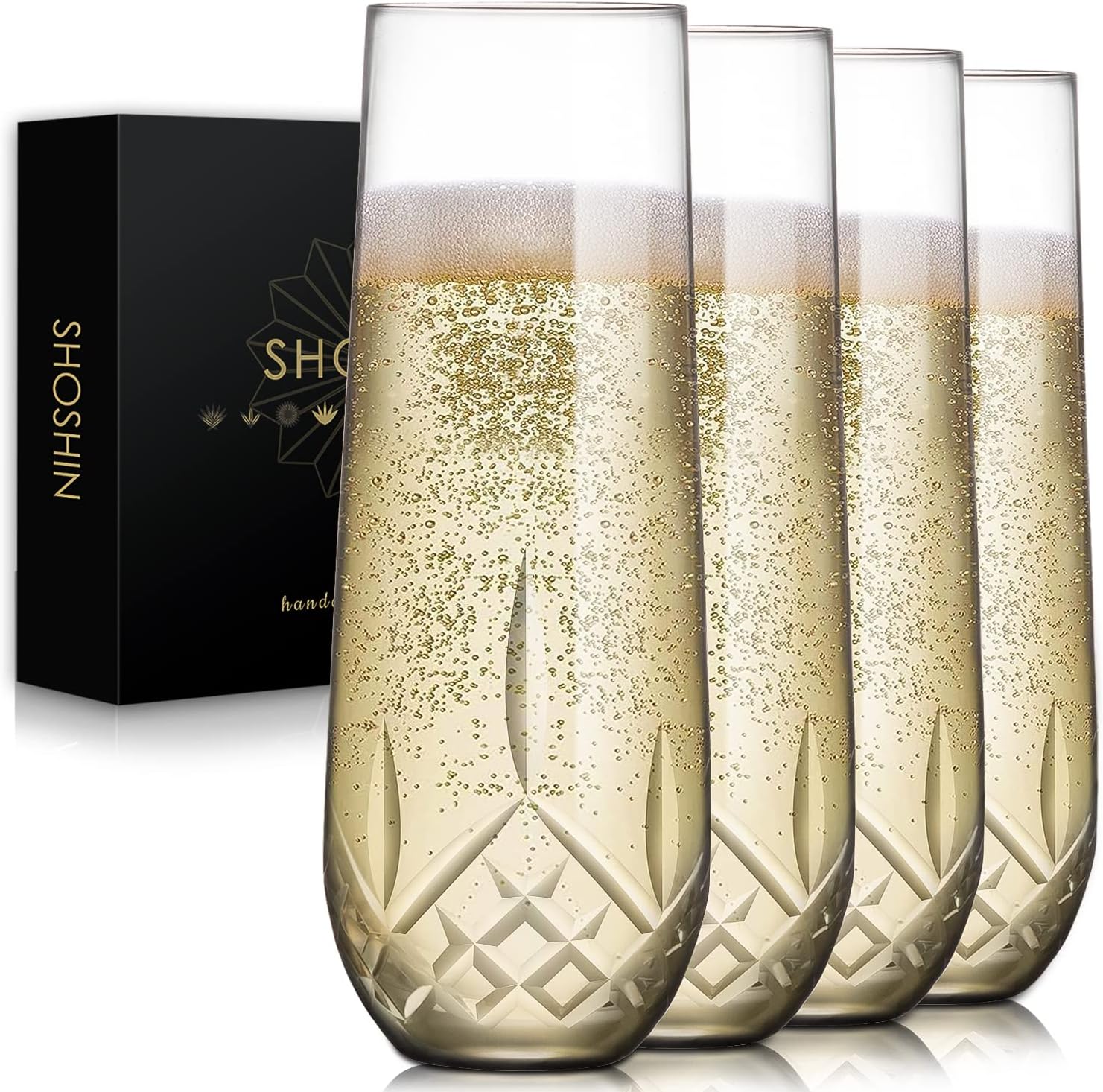 SHOSHIN Stemless Champagne Flutes Crystal, Hand Cut Champagne Glasses Set of 4, 9.5 Oz Champagne Toasting Glasses, Handmade Gift for Birthday, Wedding, Anniversary