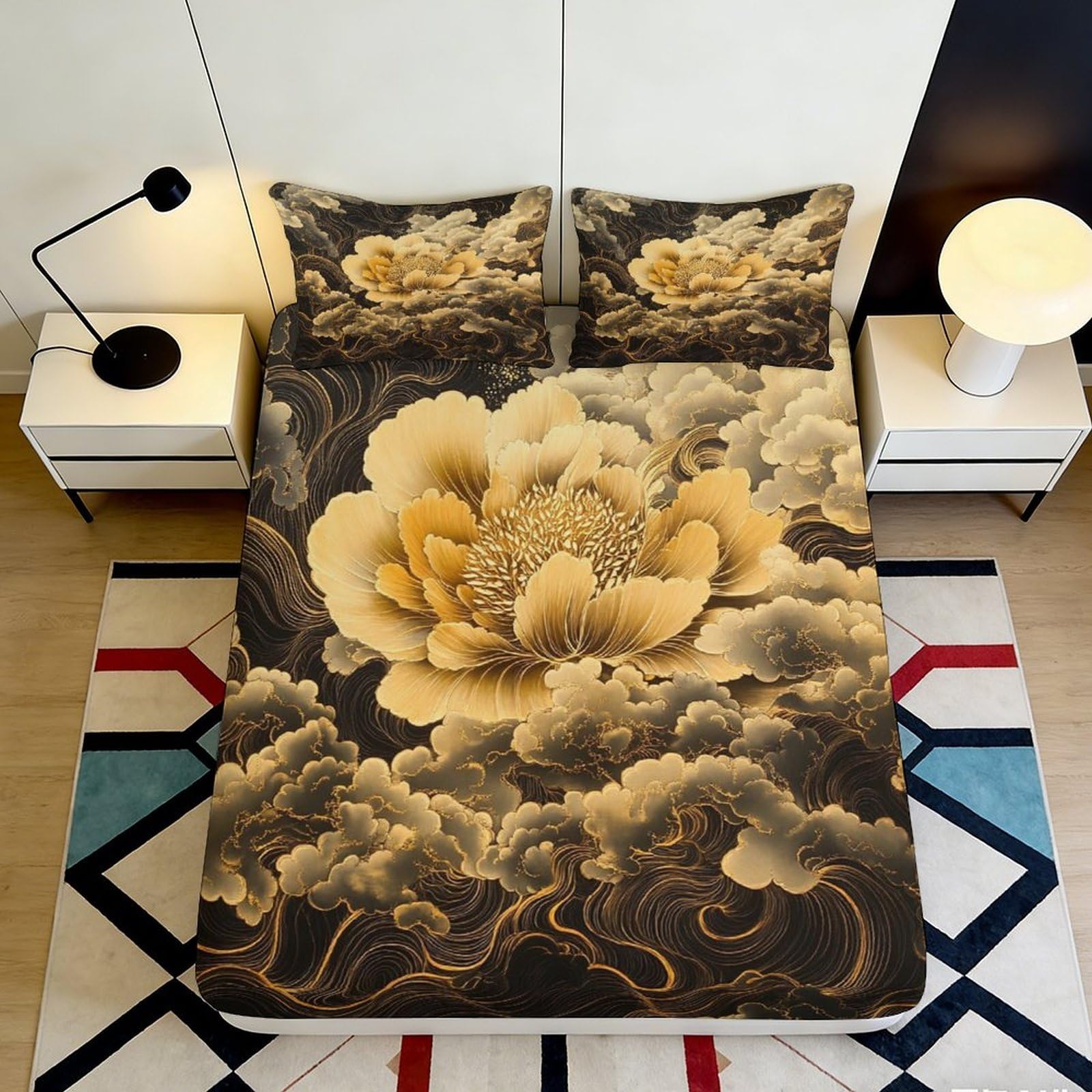 3D Printed Golden Peony Fitted Sheet Microfiber Soft Breathable Cloud Pattern Bed Cover for Bedroom Dorm Decor 90x200x25cm