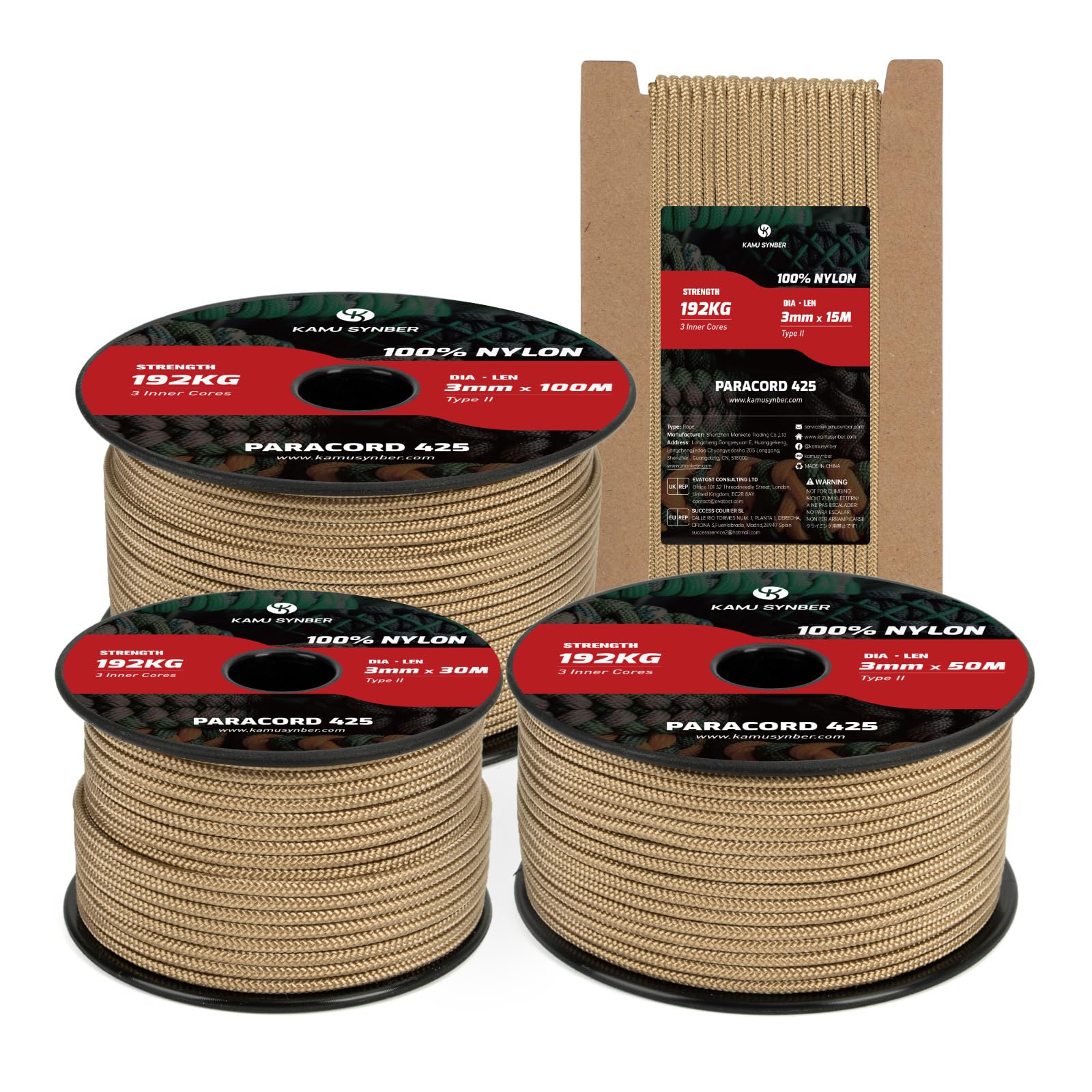Kamu Synber 425 Paracord 3mm x 50m 100% Nylon Rope 3 Strands Parachute Cord Type II for Outdoor, Crafting, DIY | Support 192kg | Tan