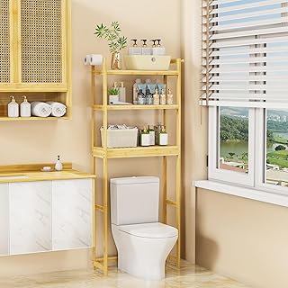 Medla Bathroom Storage Shelf Unit: 3-Tier Bamboo Over-the-Toilet Rack Brown Floor Washing Machine Organizer Rack with 4 Hooks Freestanding Toilet Organizer Rack with Adjustable Shelves