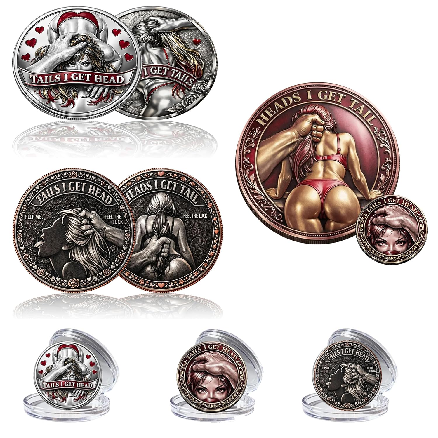 Heads I Get Tail/Tails I Get Head Commemorative Coin, Funny Heads and Tails Challenge Coin, Double-Sided Lucky Token, Decision Coins for Couples, Gift for Adults Date Night Valentine's (A+C+D 3PCS) — image 1