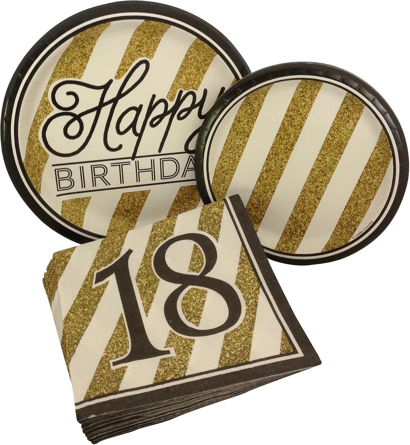 18th Birthday Party Supplies for 8 Guests - Black and Gold Paper Plates and Napkins