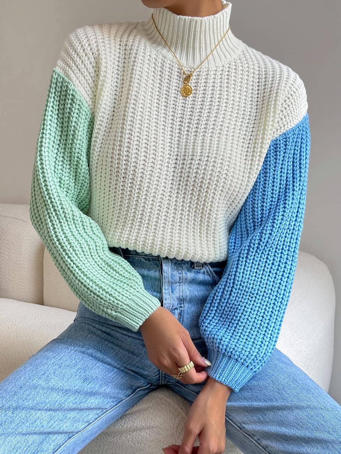 Women's Sweater Colorblock High Neck Drop Shoulder Sweater Sweater for Women (Color : Multicolor, Size : Medium)