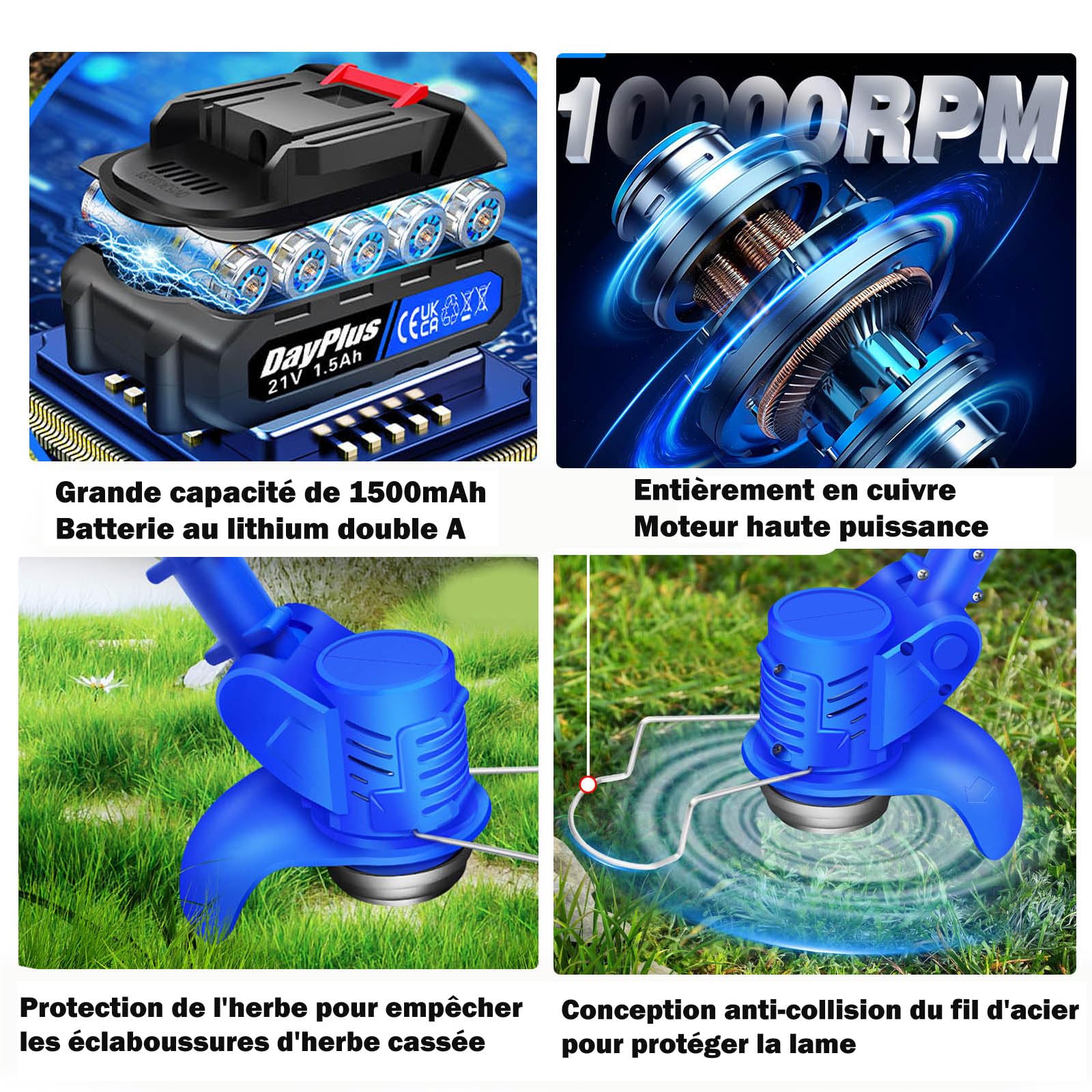Débroussailleuse sans Fil pour Le Jardin - Débroussailleuse électrique avec 10 Lames en métal, 2 Batteries 21V 1500mAh et Chargeur Rapide pour la pelouse et Le Jardin Bleu (2 Piles)
