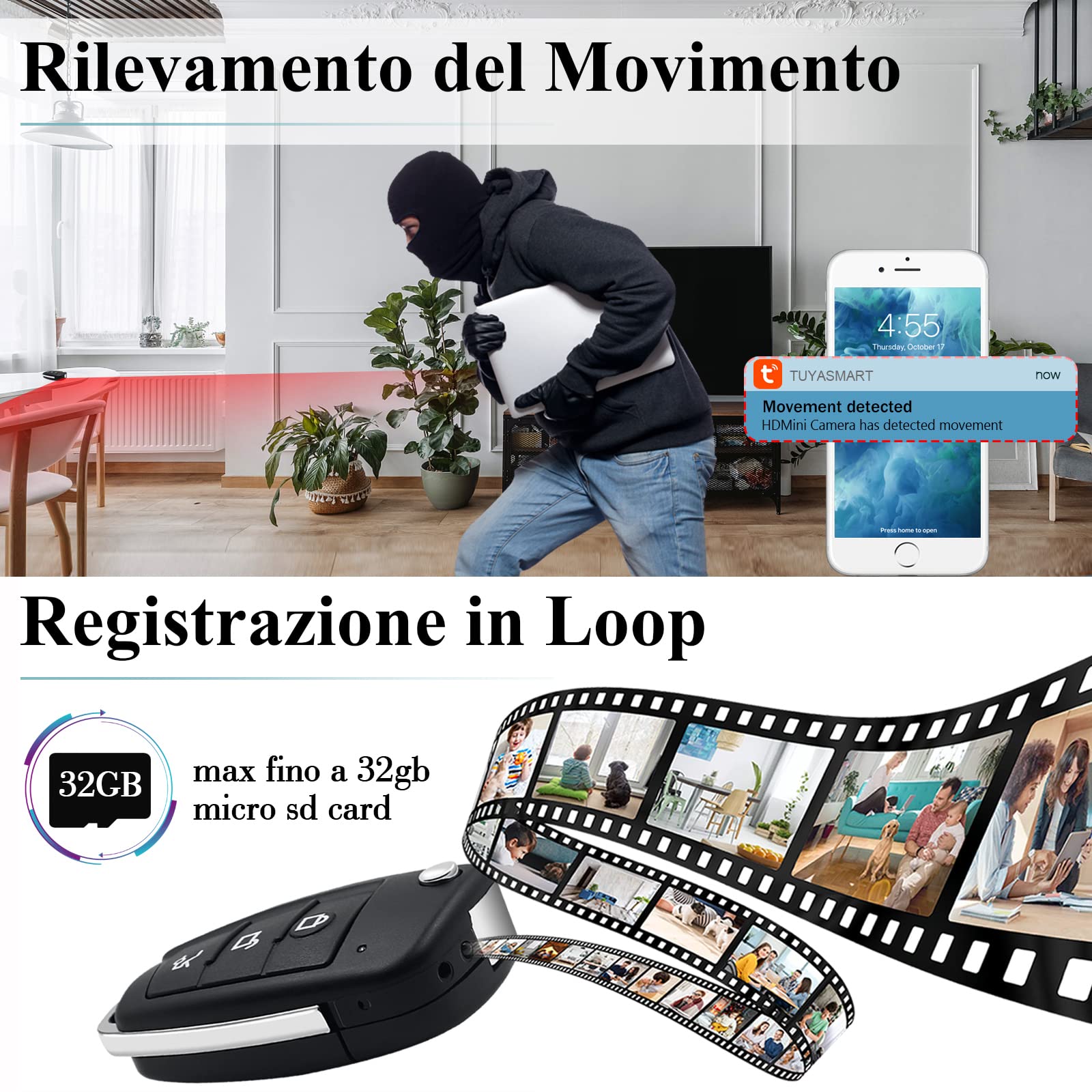 TANGMI Telecamera Spia, 1080P HD & Visione Notturna Portatile Mini Telecamera Spia Nascosta con Rilevamento di Movimento per Registrazione Video e Scattare Foto