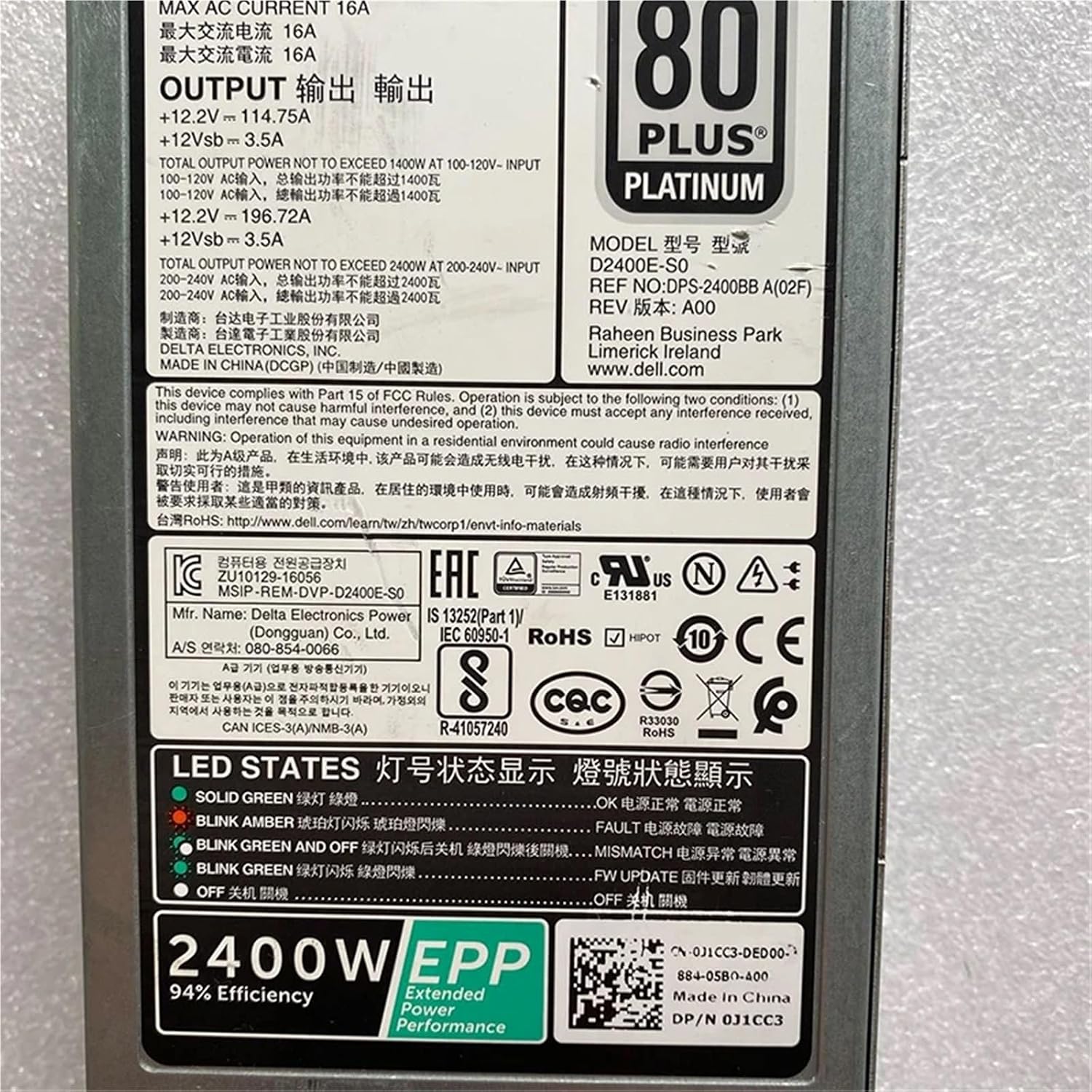 0J1CC3 0KKP69 for R740 R740XD R940 C6400 C4140 2400W EPP Power Supply D2400E-S0 D2400E-S2 DPS-2400BB A