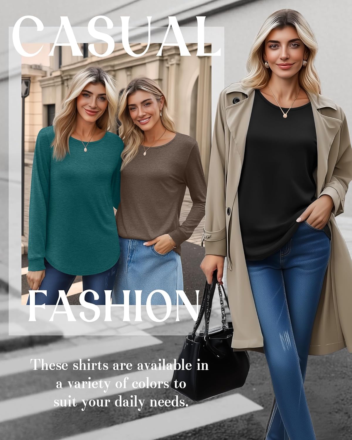 Huukeay 4 Pack Womens Long Sleeve Shirts Loose Fit Tunic Tops Crew Neck Curved Hem Basic Casual Layering Shirts - Image 3