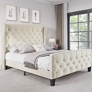 DWVO Queen Bed Frame, Elegant Velvet Upholstered Platform with Wingback Design, Nailhead Trim, Button Tufting, Sturdy Slats, and Easy Assembly, Luxurious and Functional Addition for Bedrooms