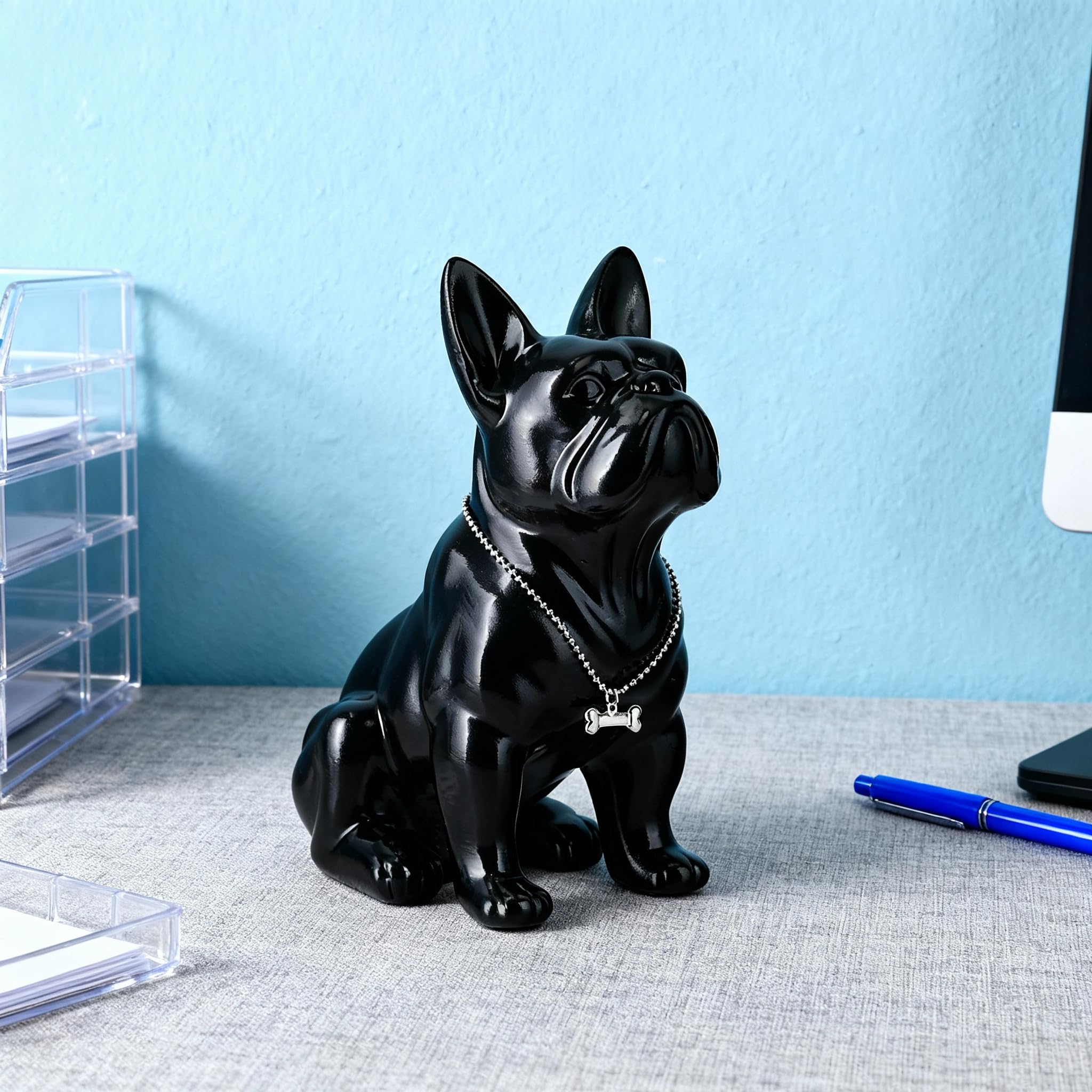 Statua di Bulldog Francese, Statua di Carlino Nero in Resina Seduto, Scultura di Bulldog Inglese per Decorazione della Casa, Decorazione per Scrivania del Soggiorno, Arte Moderna Regalo per