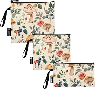 Reusable Sandwich and Snack Bags, Mushroom Rose Pattern for Adults or Lunch, Washable Fabric, Waterproof Cloth Zip Bag, Travel Pouch, Food-Safe Storage 3-pk