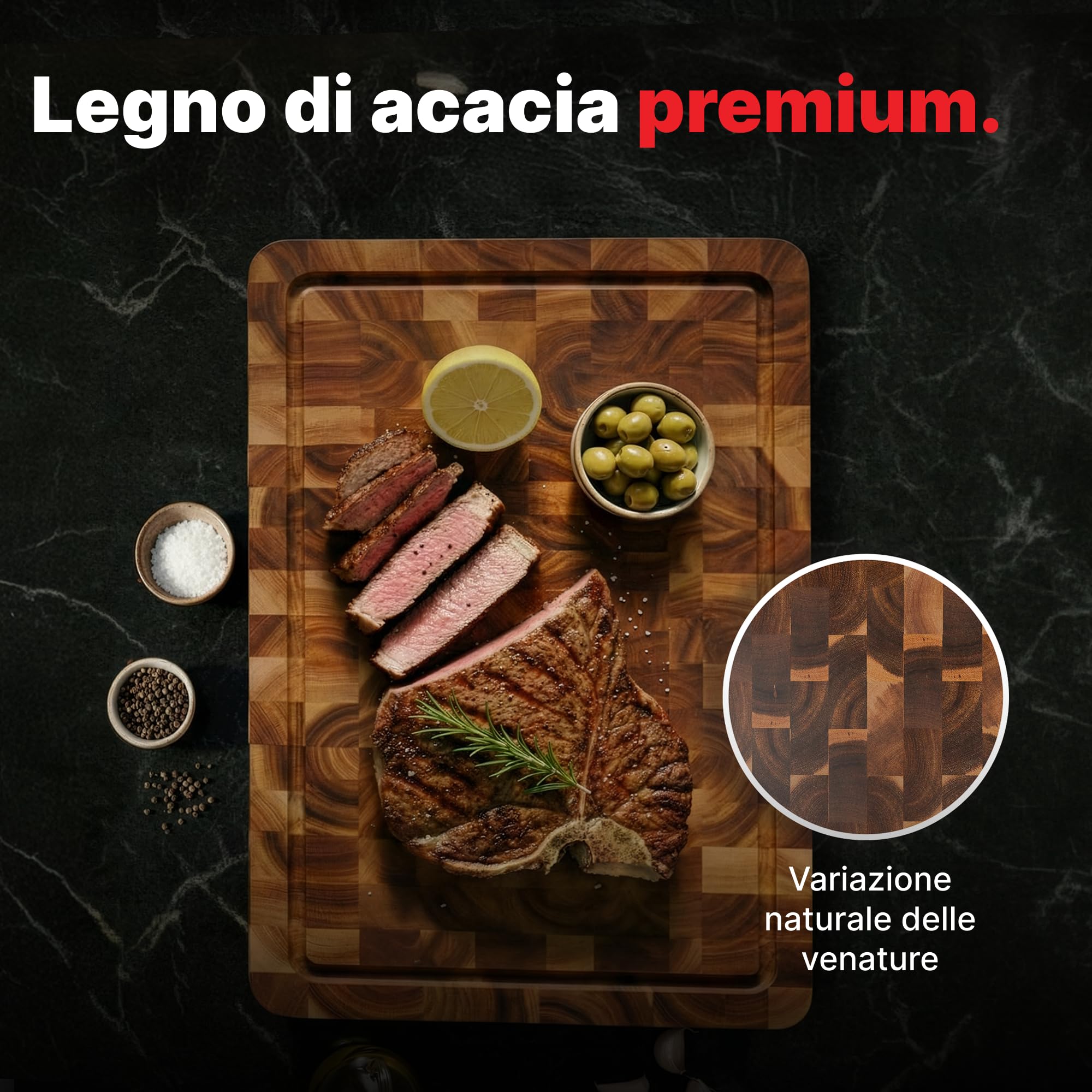 Matakumi Tagliere Legno – Tagliere in Legno di Acacia con Manici Laterali, Scanalatura per Il Succo e Legno di Testa per Mantenere Il Coltello Affilato – A Due Lati (40 x 30 x 3 cm)